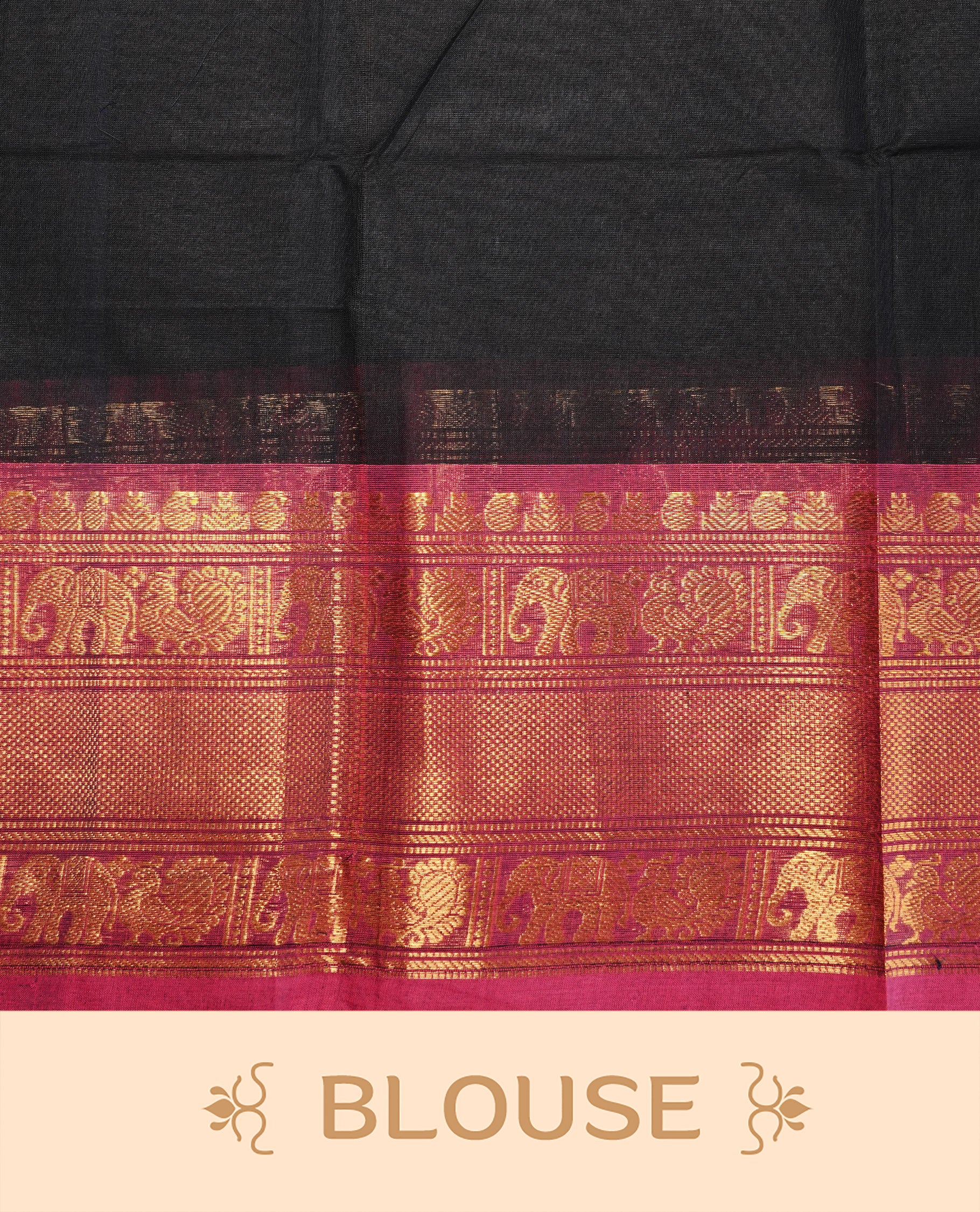 Black colour Chettinad cotton saree featuring motifs on body , complemented by contrast Magenta colour with zari border, comes with matching blouse piece.