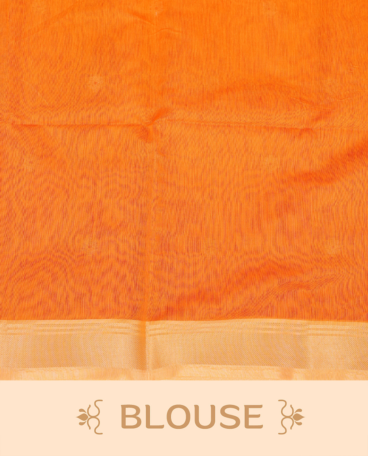 Orange colour Maheshwari cotton saree, gold zari floral motifs on body, complement light orange colour gold zari border comes with matching blouse.