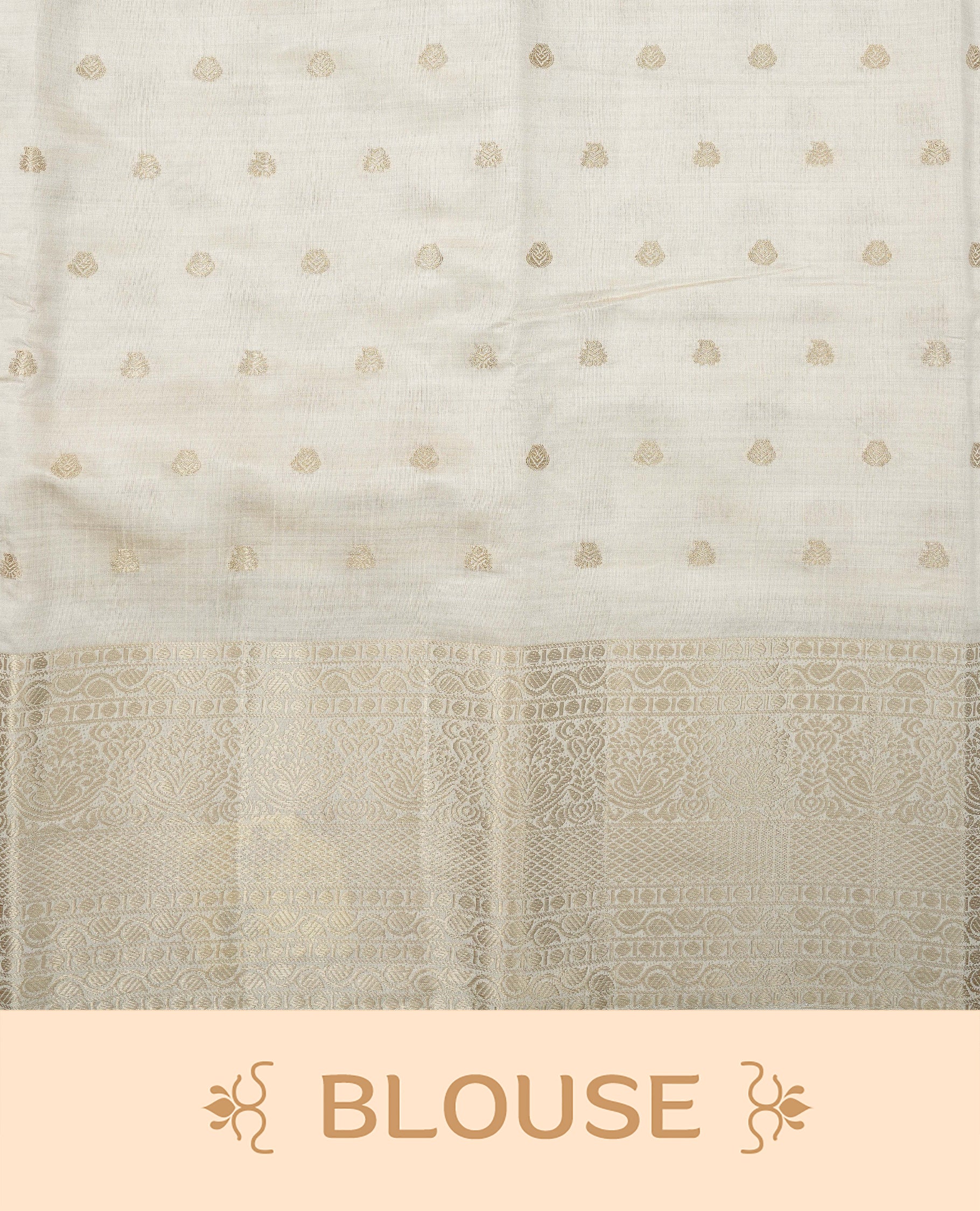 Off white gold Tussar saree featuring Gold zari buttas on body, complemented by self colour with traditional border, comes with matching blouse piece.