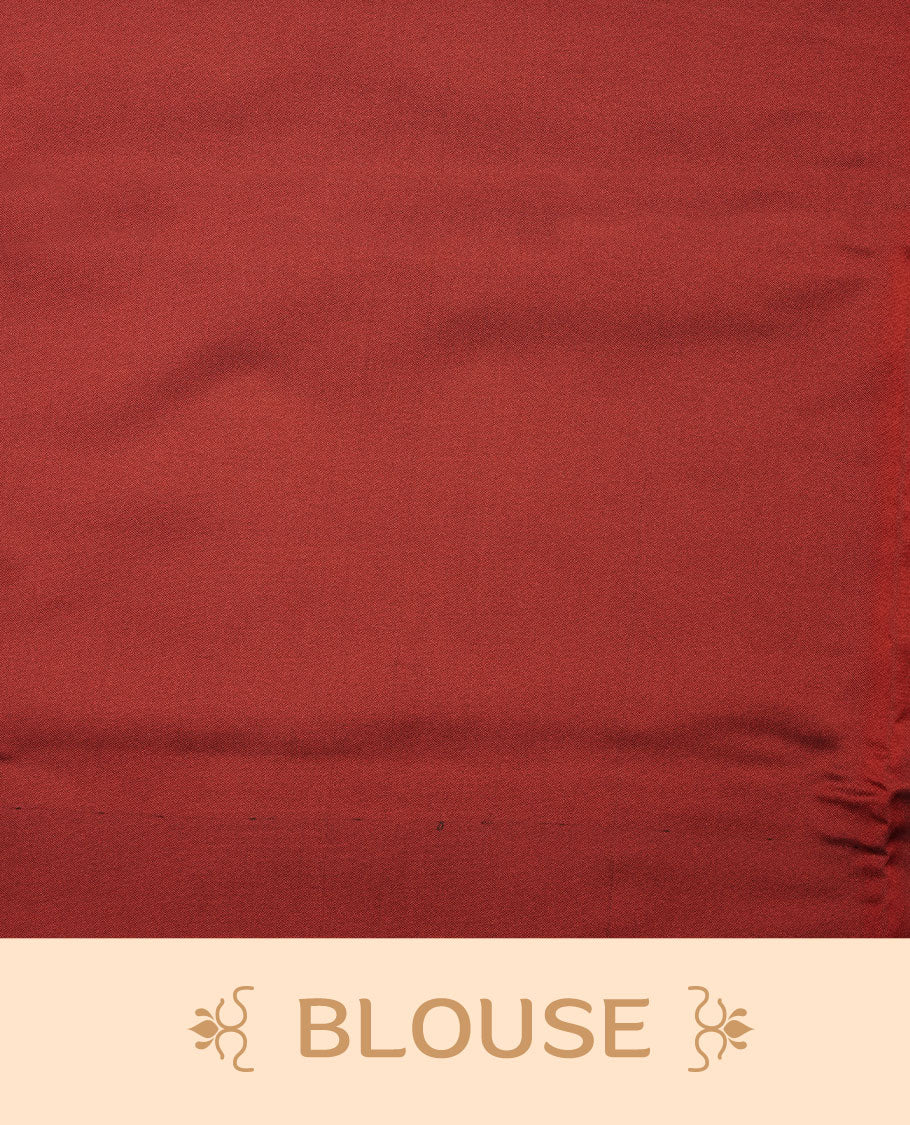 Red soft silk saree features a sleek borderless design with intricate antique zari motifs, flowing into a seamless self colored pallu and a matching blouse piece.