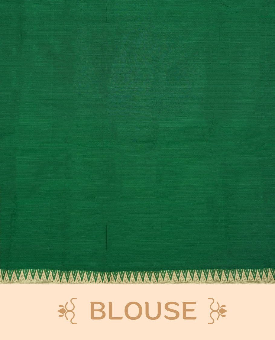 Dark green colour Narayanapattu cotton saree featuring a self coloured body, contrast Cream colour zari border and pallu, pairing a matching blouse piece.