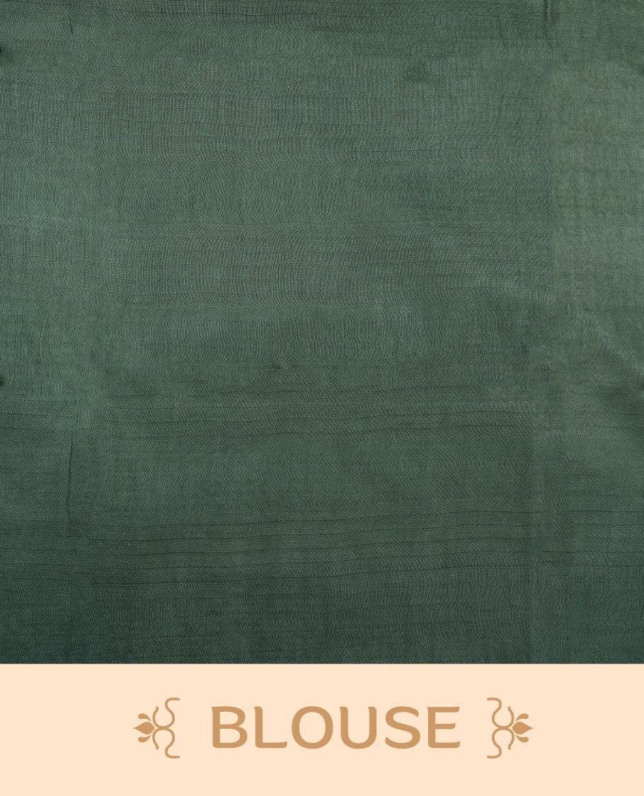 Cream & Green dye pattern colour semi jute saree highlighting white stripped body, without border and paired with matching blouse.