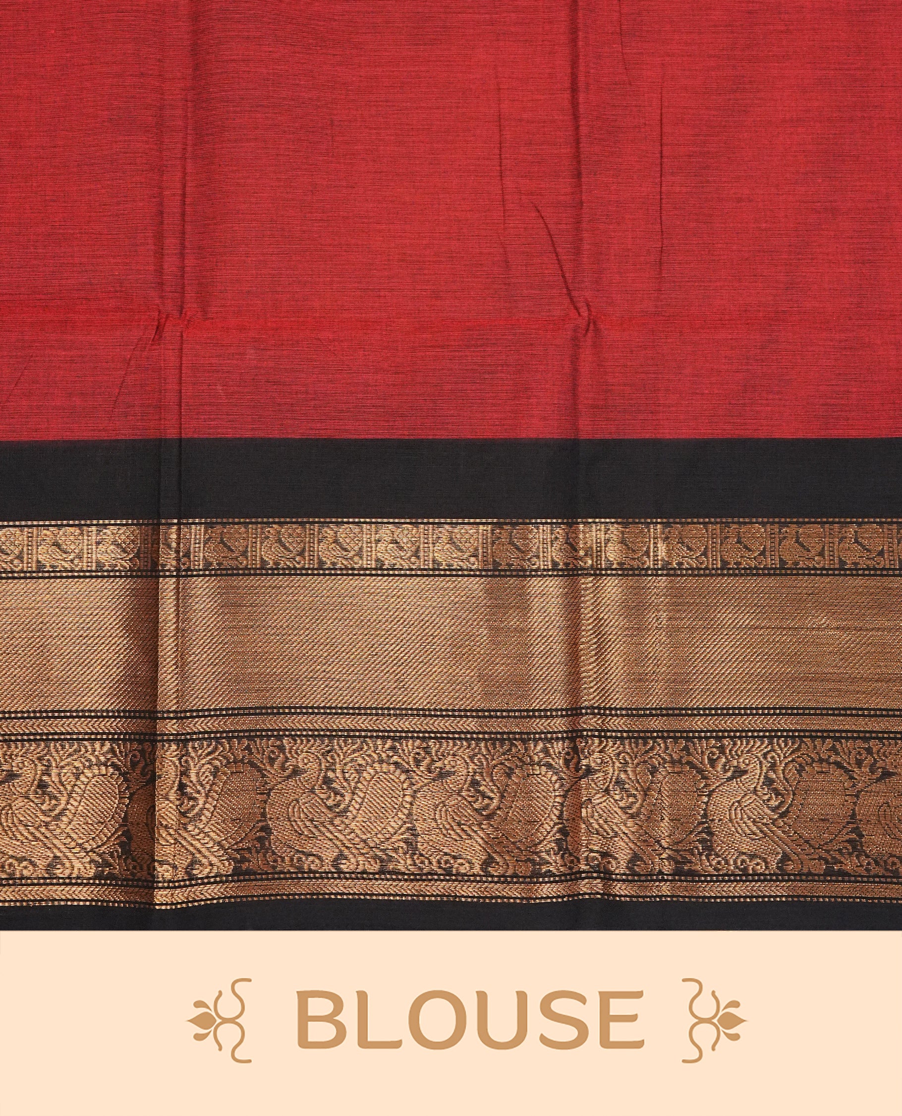 Maroon colour chettinad cotton saree featuring gold zari motifs on body, complemented by contrast black with gold zari border, comes with matching blouse piece.
