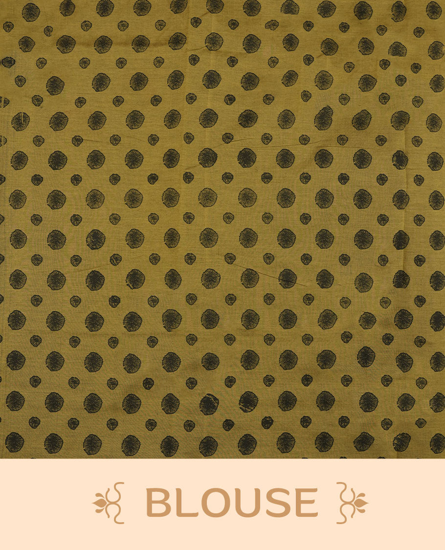 Olive green colour poly cotton saree with black abstract butti motifs on the body, paired with a matching pallu with dense black textured round butta pattern, and a coordinated all‑over textured round butta printed blouse piece.