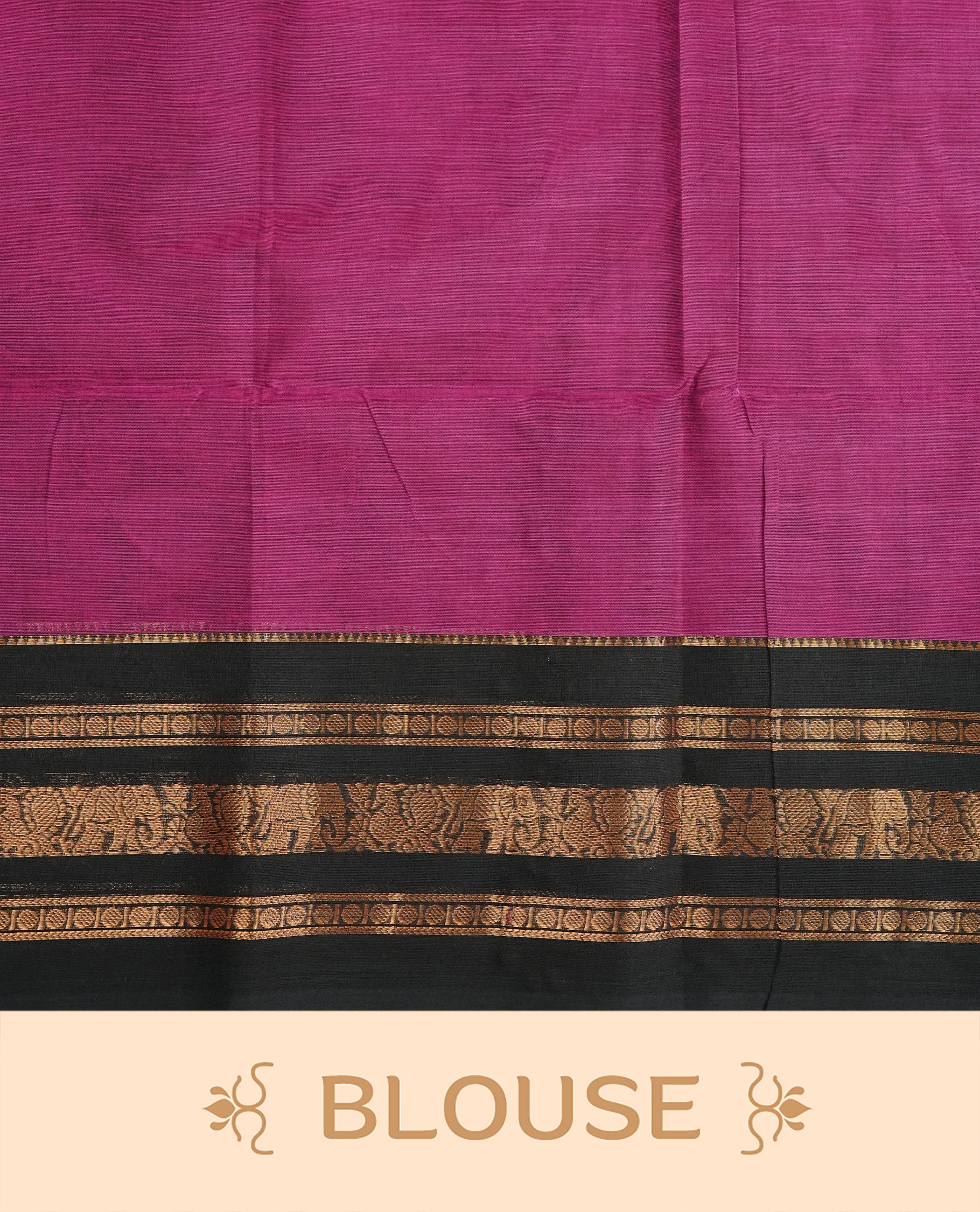 Magenta Colour Chettinad Cotton Saree Featuring a Plain Body, Complemented by a Contrast Black Colour Border with Elephant & Peacock Gold Zari Border & Contrast Striped Pallu, Paired with a Matching Blouse Piece.