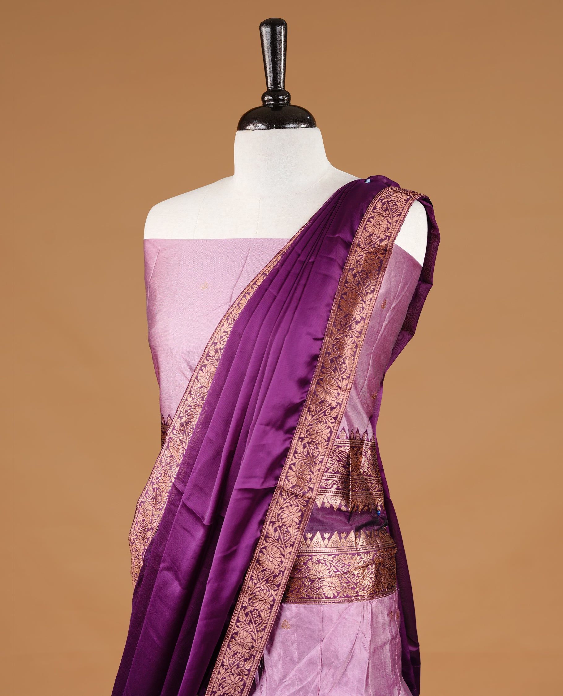 Pink colour semi stitched Half saree featuring contrast Deep purple colour with gold zari traditional border skirt, paired with matching zari border dupatta, unstitched blouse piece