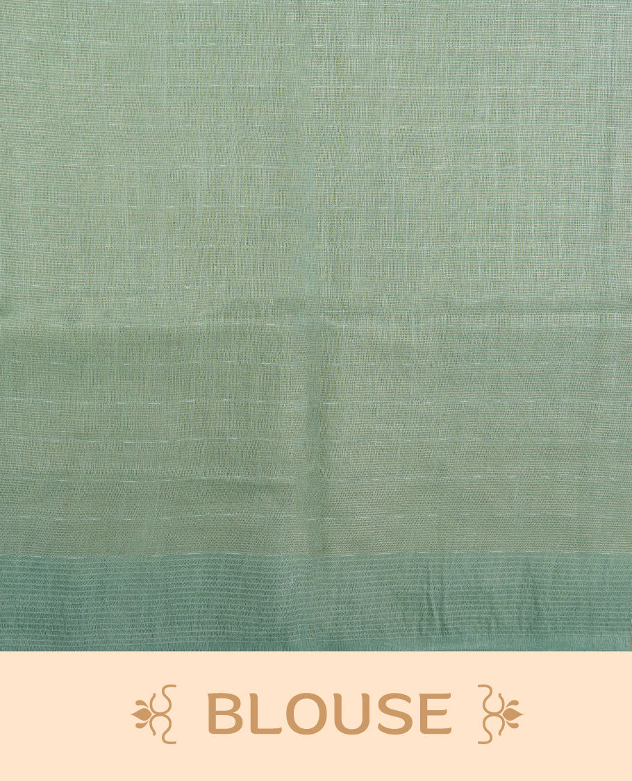 Mint colour semi jute saree highlighting gold zari striped body, without border and paired with matching blouse.
