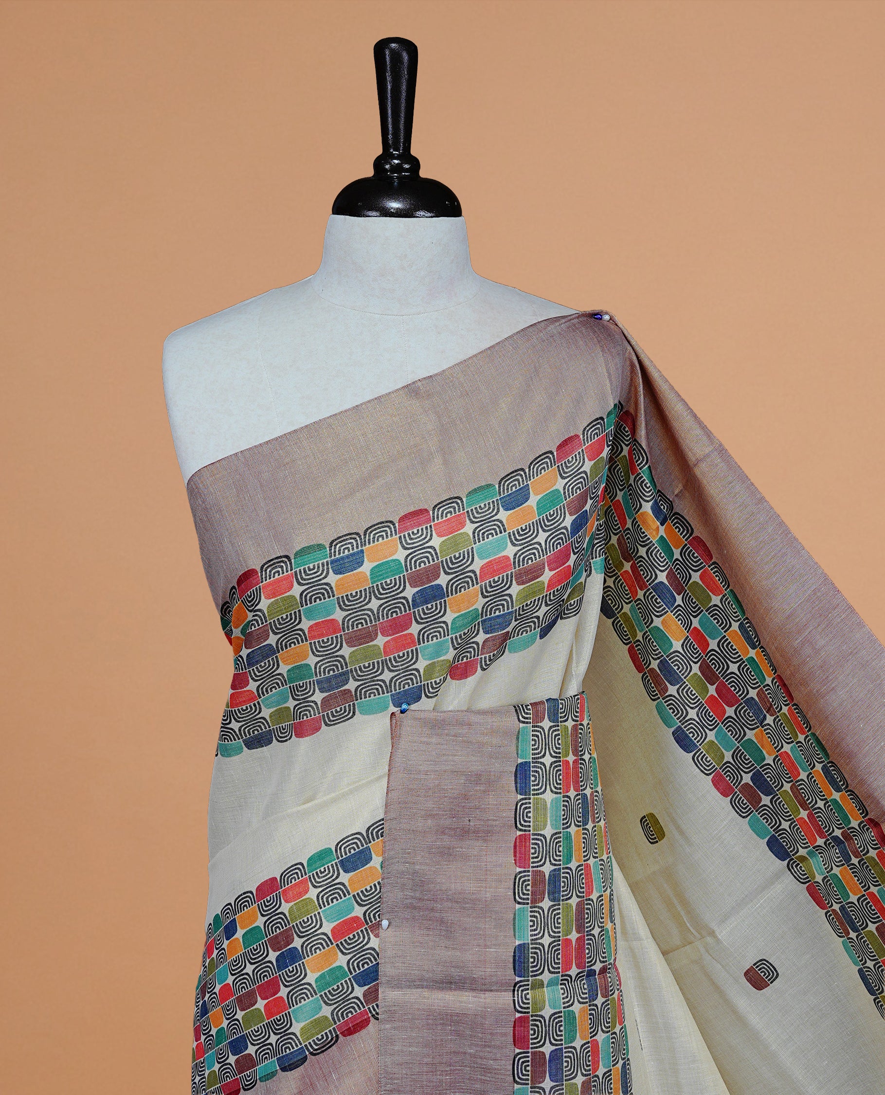 Cream Colour Tissue Kerala Saree Featuring Classy Multi Colour Box Pattern On Body, Styled By BrickRed & Gold Zari Border And Pallu, Comes With Matching Blouse Piece.