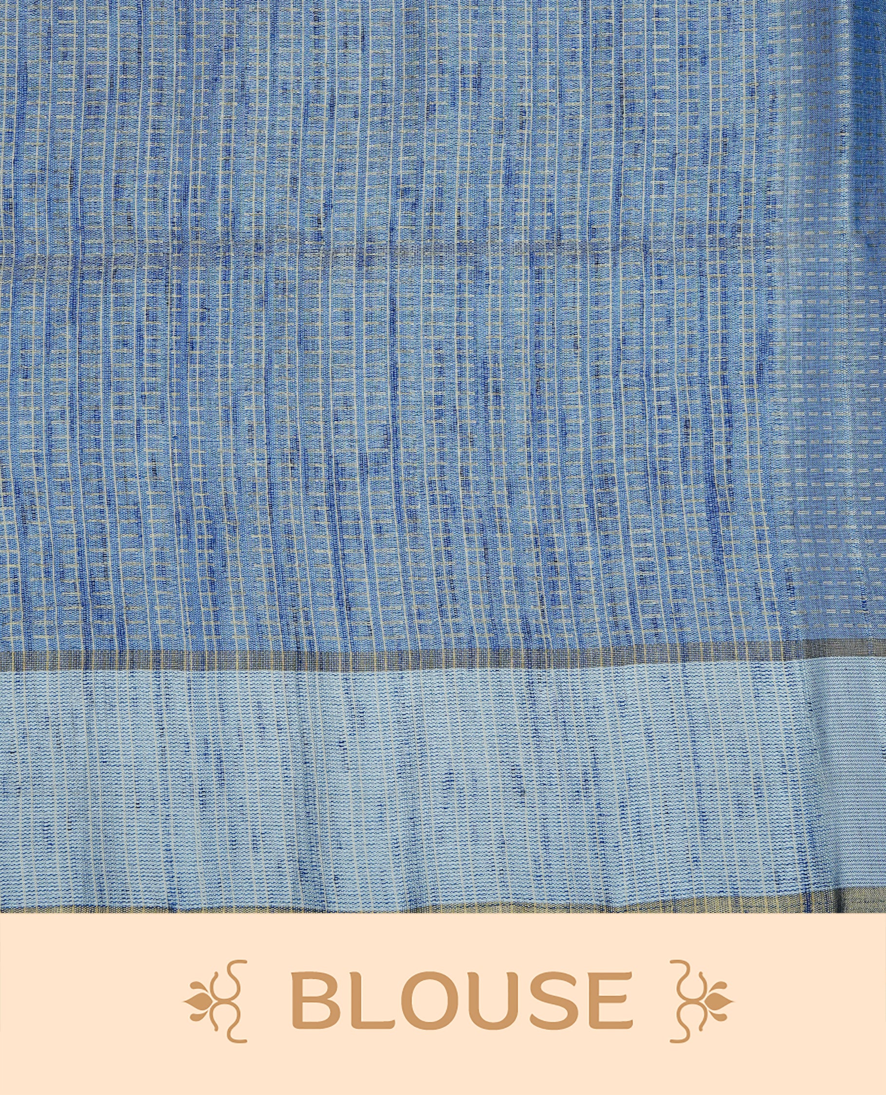 Steel blue colour semi tussar silk saree featuring elegant gold zari dotted stripes across the body, enhanced with a rich zari woven border. Comes with a matching blouse piece.
