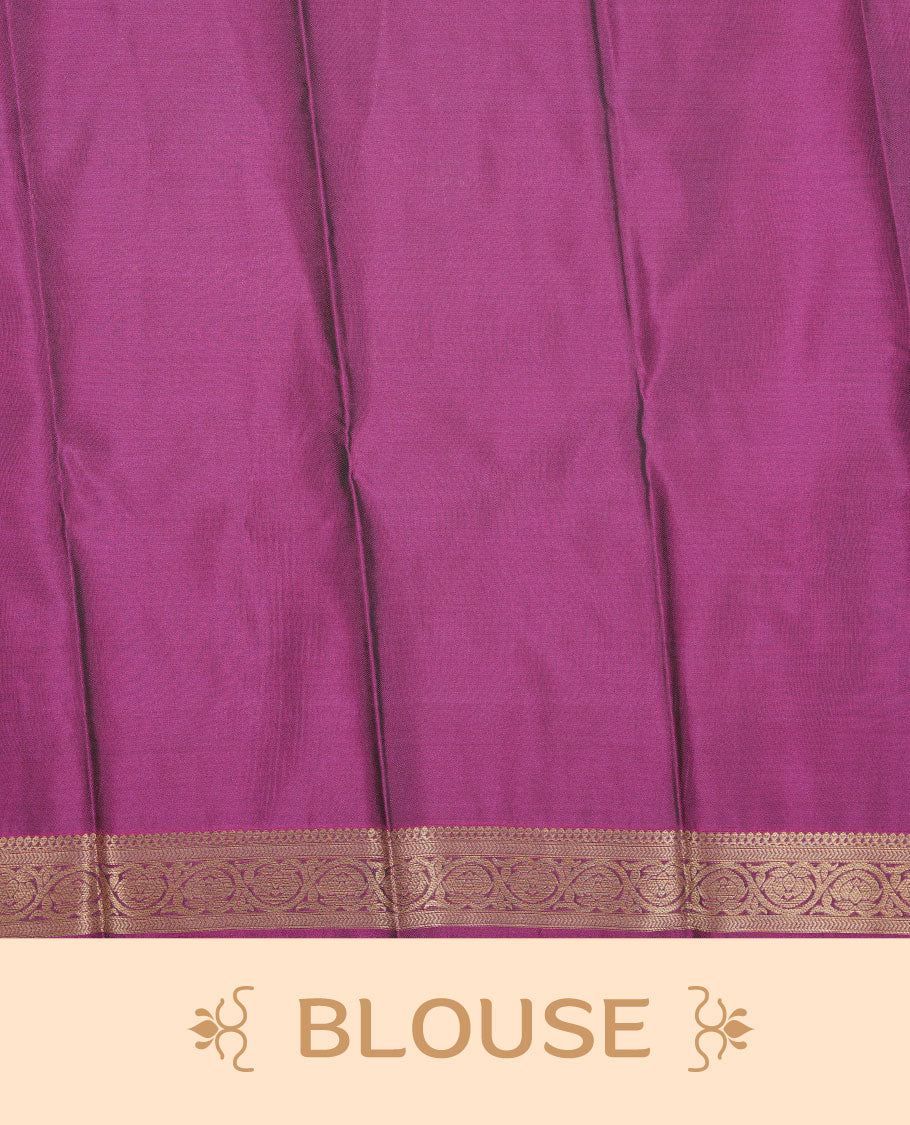 Lemon green colour soft silk saree featuring Gold zari motifs on body, complemented by contrast purple colour with traditional border, paired with matching blouse piece.