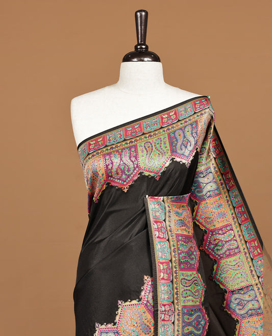 Black colour pashmina silk saree feature Elegant plain body, multi colour pattern on self colour border, paired with matching unstitched bluse