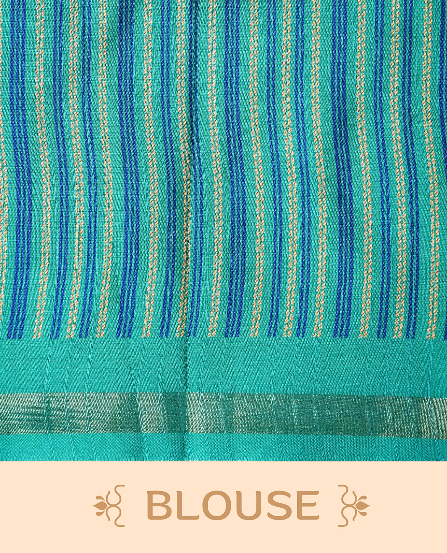 Royal Blue and Teal Green Colour Kattan silk saree featuring buttas all over the body, a temple-designed border &  a contrasting striped pallu with tassels. Paired with a matching contrast-striped blouse piece.