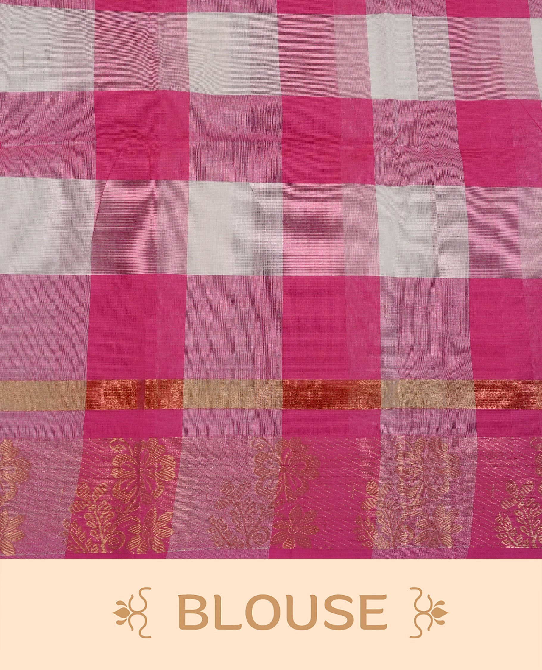 Pink & White colour chettinad cotton saree featuring check pattern on body, complemented by Self Colour with gold zari border, comes with matching blouse piece.