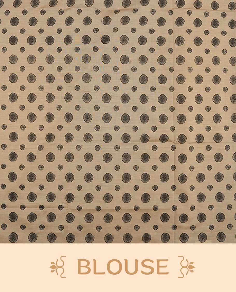 Dark Beige colour poly cotton saree with black abstract butti motifs on the body, paired with a matching pallu with dense black textured round butta pattern, and a coordinated all‑over textured round butta printed blouse piece.