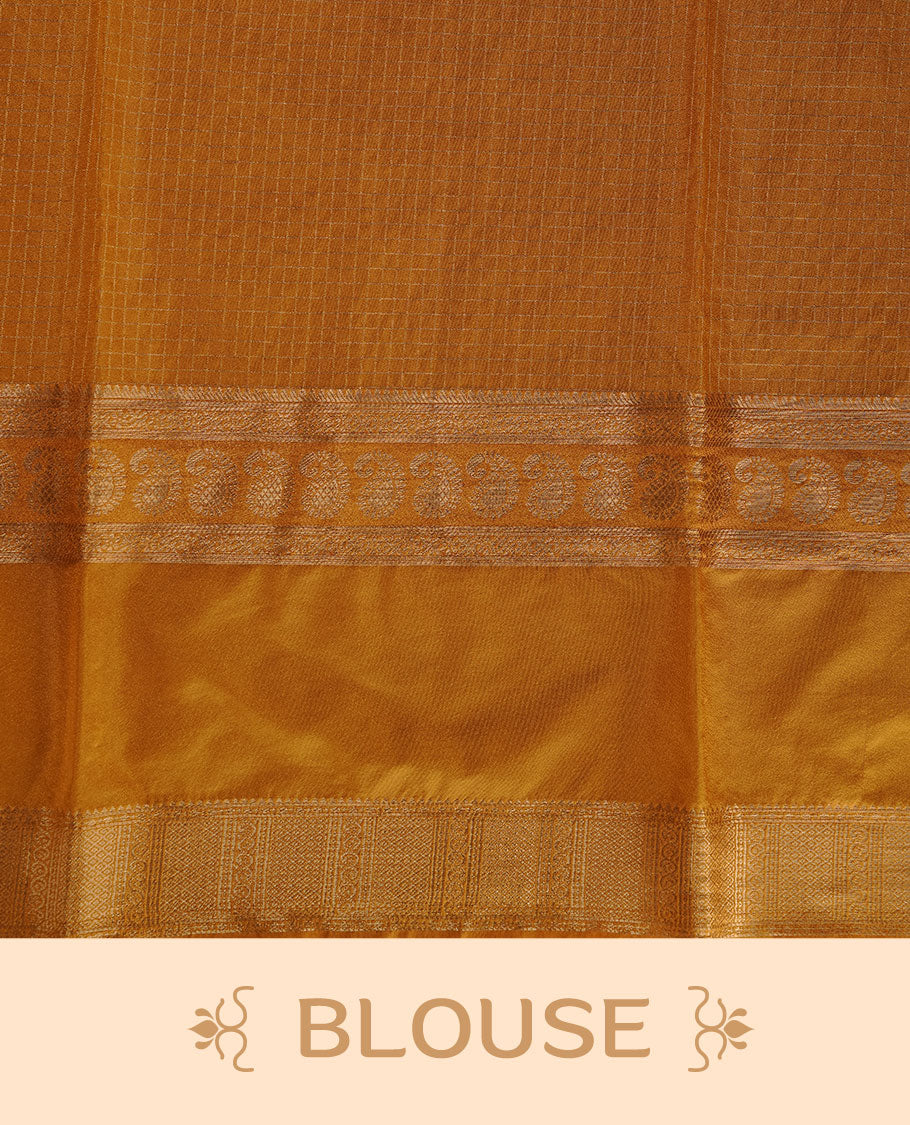 Chocolate colour semi georgette saree featuring gold zari check pattern on body, complemented by contrast Mustard colour with zari border, paired with matching blouse piece.