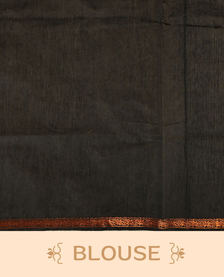 Orange colour Maheshwari cotton saree features elegant gold zari motifs across the body, a classic gold zari border, a striking contrast pallu, and a matching blouse piece.