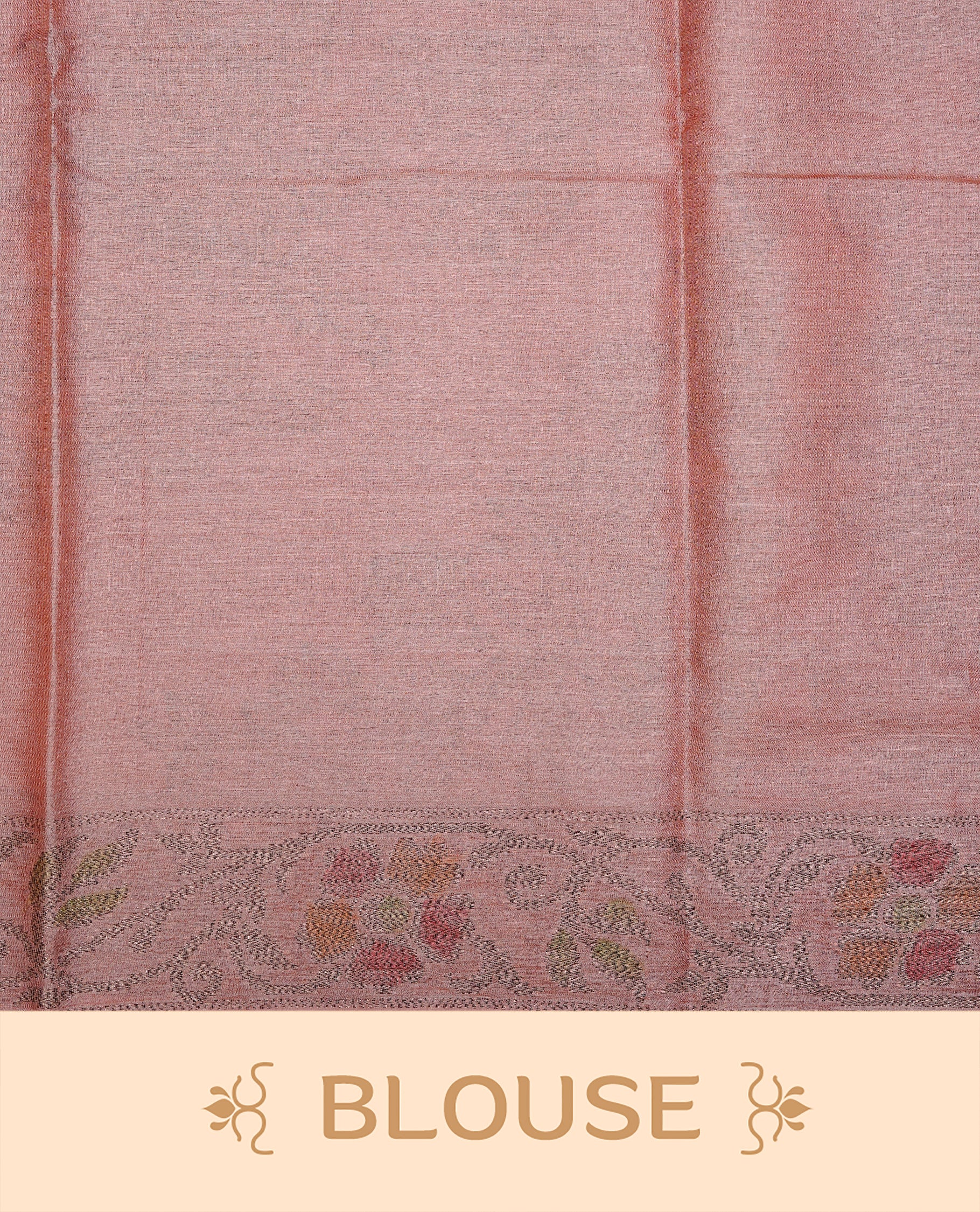 Peach colour pure tussar silk saree featuring elegant antique zari kodi patterns across the body, designed with a graceful borderless finish for a refined look. Paired with a matching blouse piece.