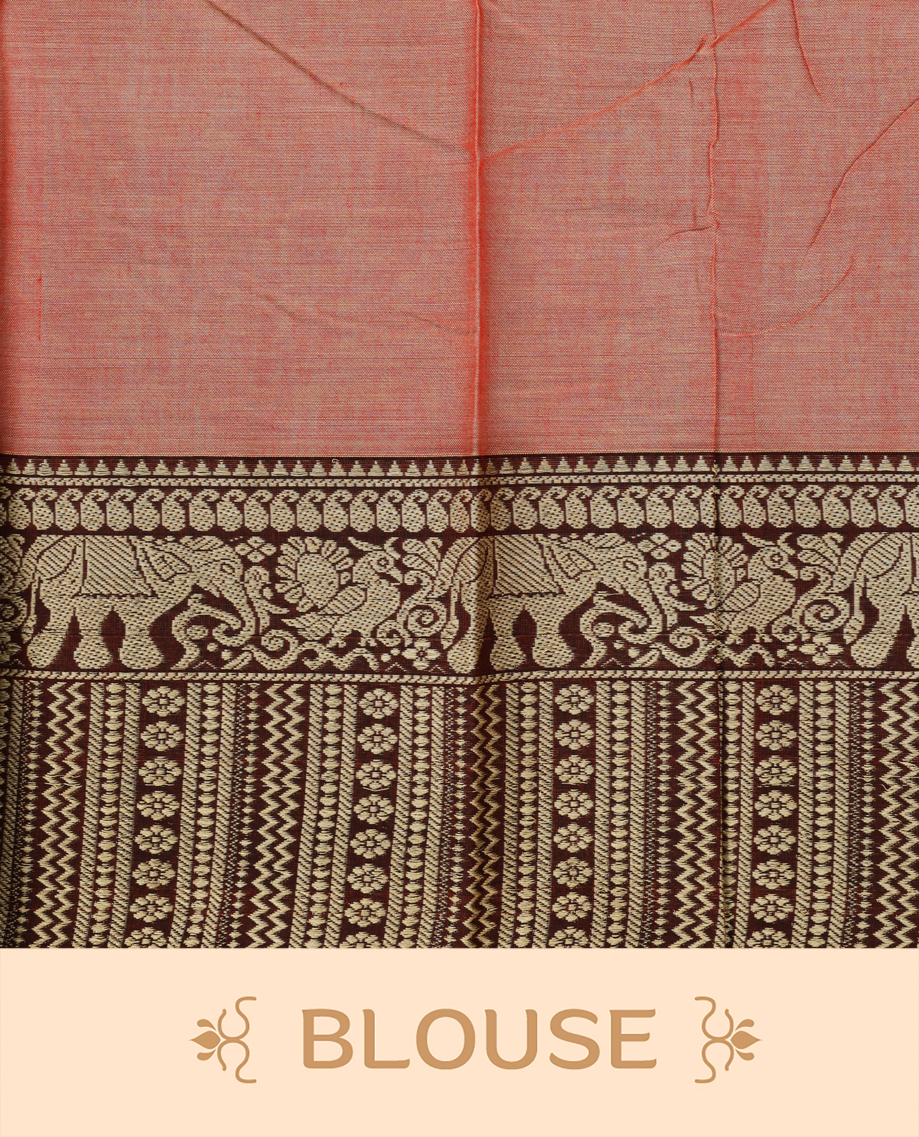 Peach colour Narayanapett cotton saree Featuring Elegant plain Body, complemented by Contrast Maroon colour with cream zari border, paired with matching blouse piece.