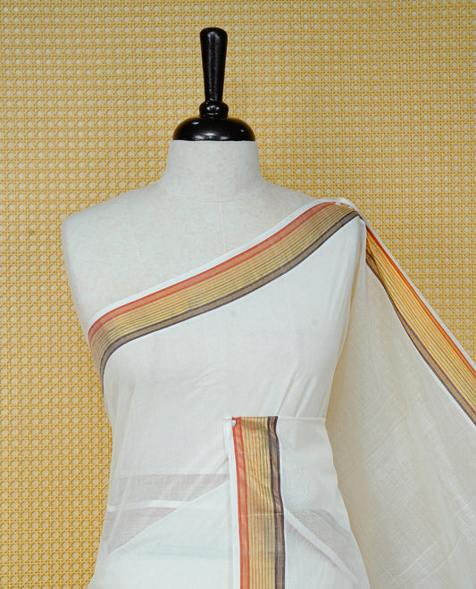 Cream colour Cotton kerala saree featuring Classy Plain body, complemented by Gold with Brown  & Orange zari border & Pallu, paired with matching blouse piece.