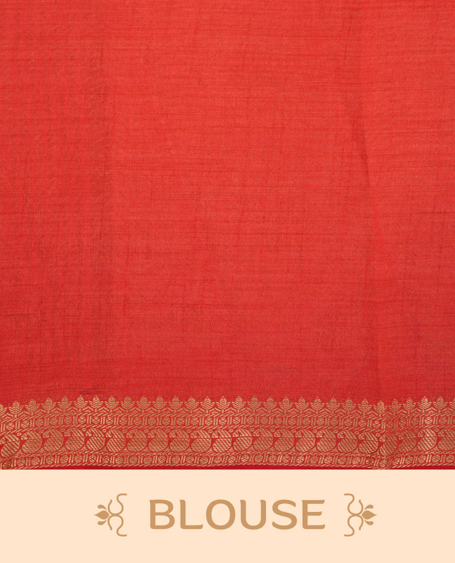 Cream colour tussar saree featuring elegant plain body, contrast Red colour gold zari border and comes with matching blouse piece.