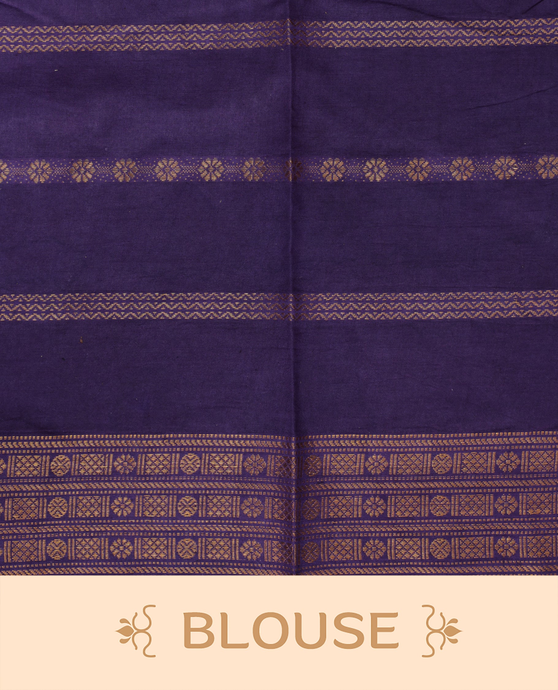 Navy Blue colour Sungudi cotton saree featuring Gold zari Stripes on body, Gold zari on Contrast Purple colour border, paired with matching blouse piece.