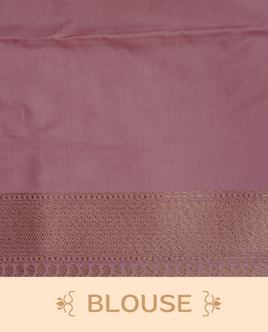 Pink colour Semi Banaras Katan saree featuring Antique zari Floral pattern on body, complemented by self colour zari border, paired with matching blouse piece.