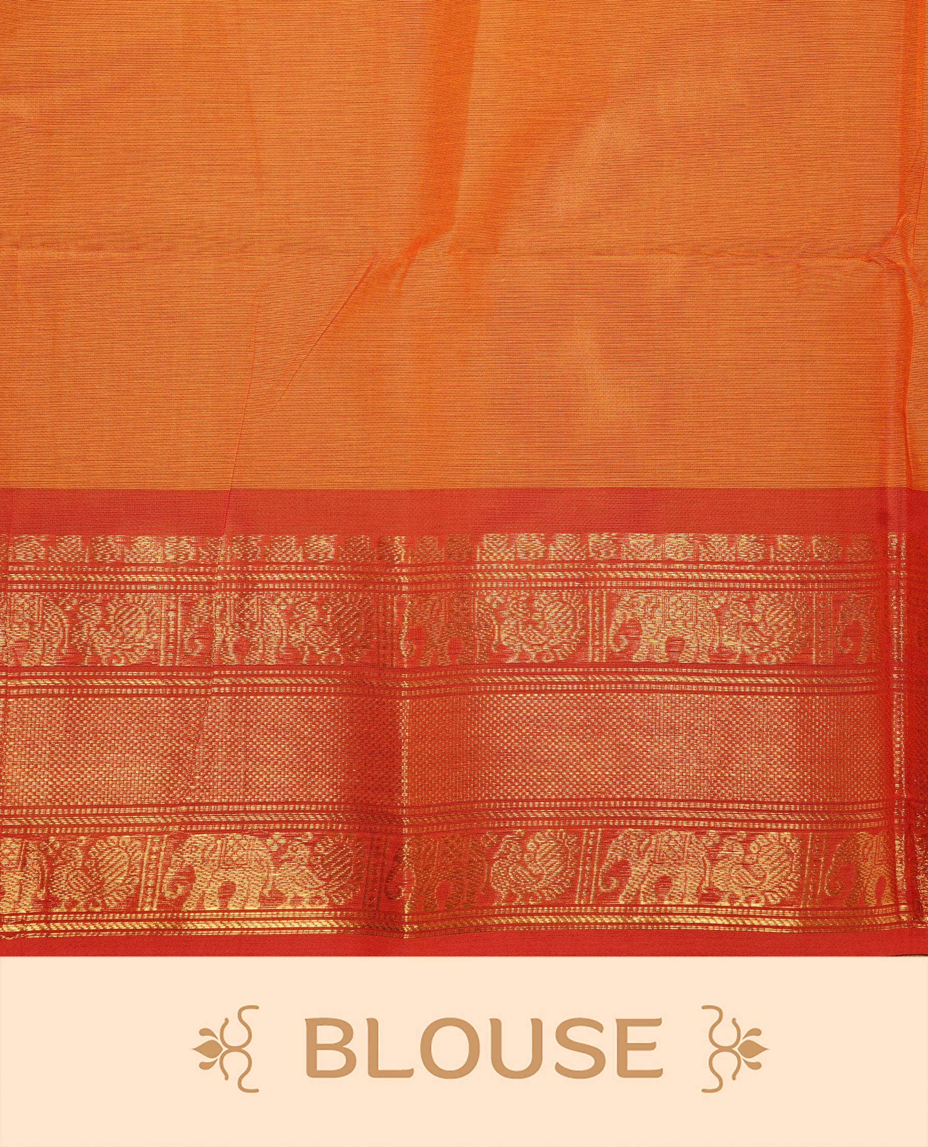 Orange Colour Chettinad cotton saree featuring Red motifs body , complemented by contrast Red colour with traditional border, comes with matching blouse piece.