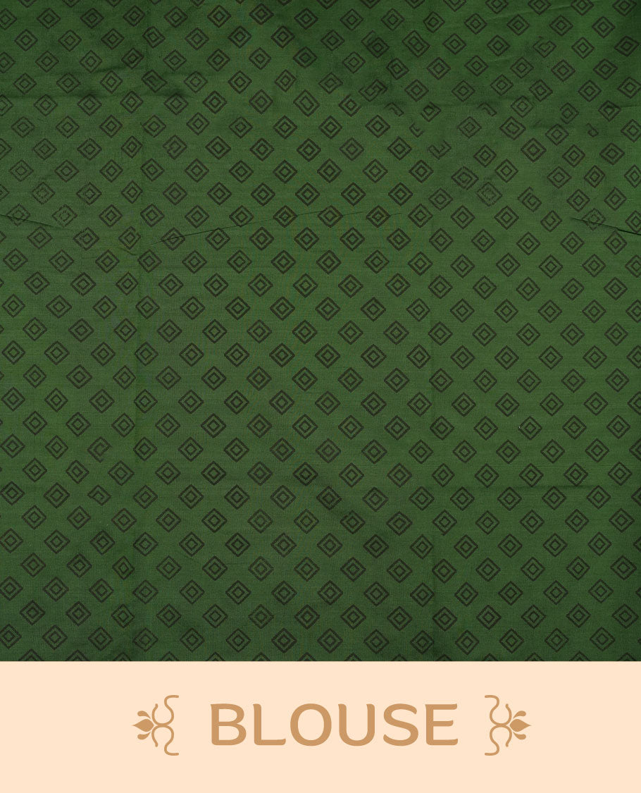 Dark Green colour poly cotton saree with black temple motifs on the body, paired with a matching pallu with black woven traditional border, and a coordinated all‑over geometric printed blouse piece.