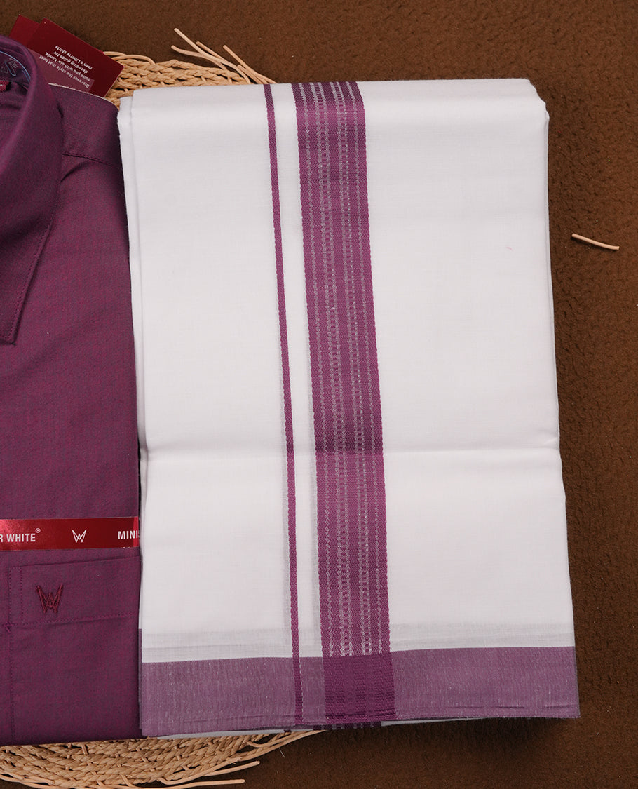 Deep purple Colour MINISTER WHITE shirt paired with a matching dhoti, finished with a Deep purple colour border.