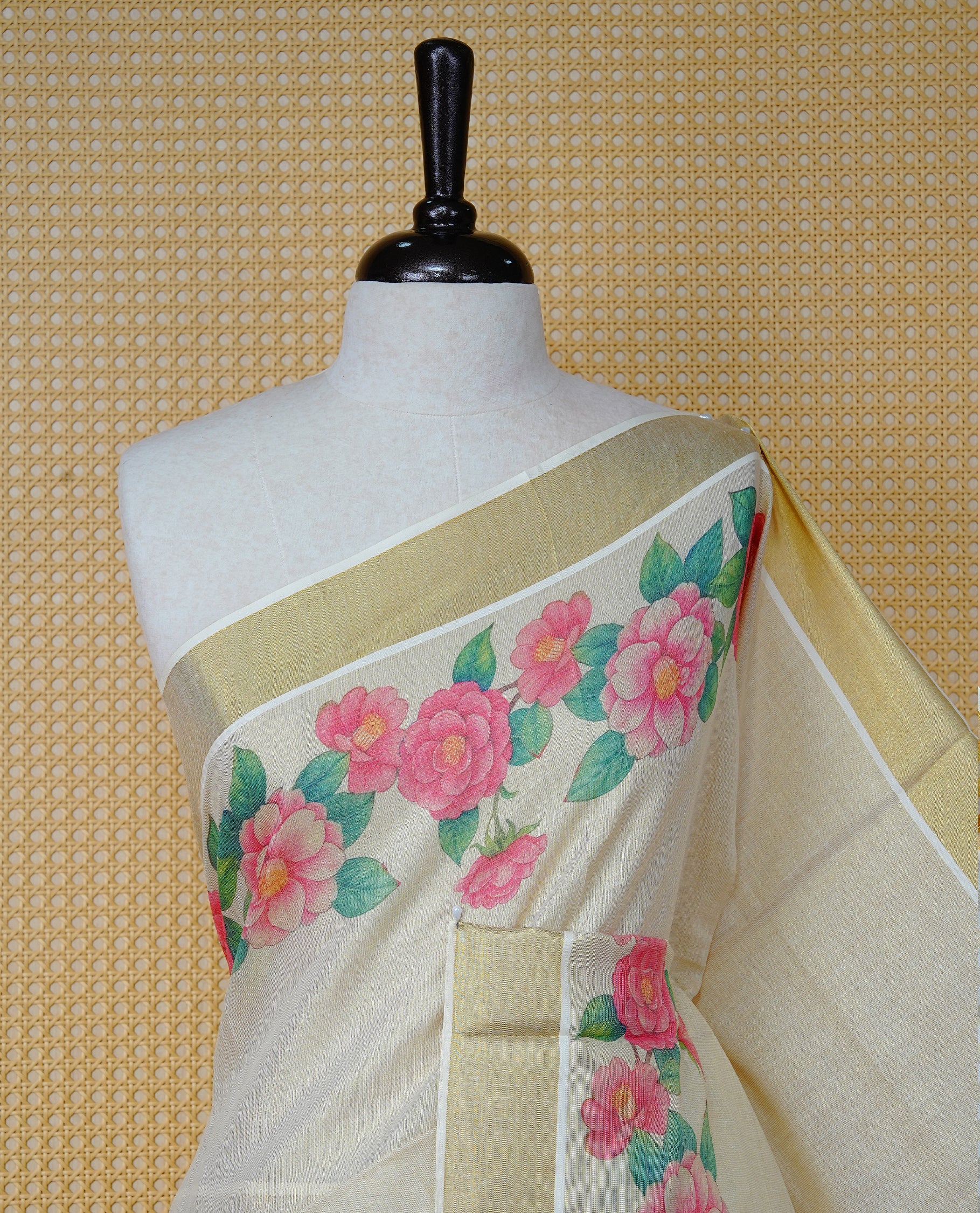 Cream Colour Tissue Kerala  Saree Featuring A Digital Peacock Floral Printed Body, Highlighted With Classy Gold Zari Border Green &  Coral Pink  Tassel At Pallu, Paired With A Matching Blouse Piece.