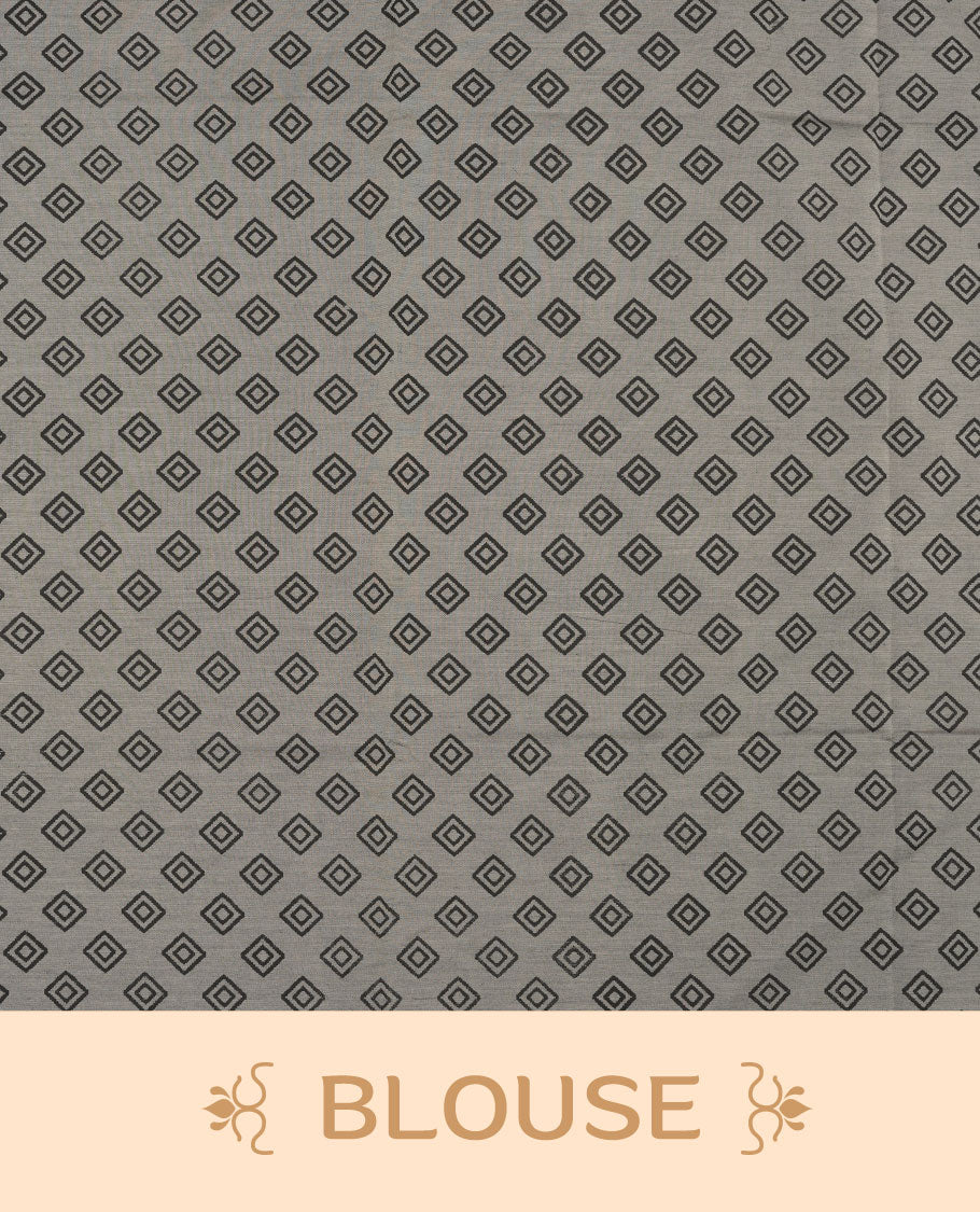 Gray colour poly cotton saree with black temple motifs on the body, paired with a matching with black woven traditional border, and a coordinated all‑over geometric printed blouse piece.