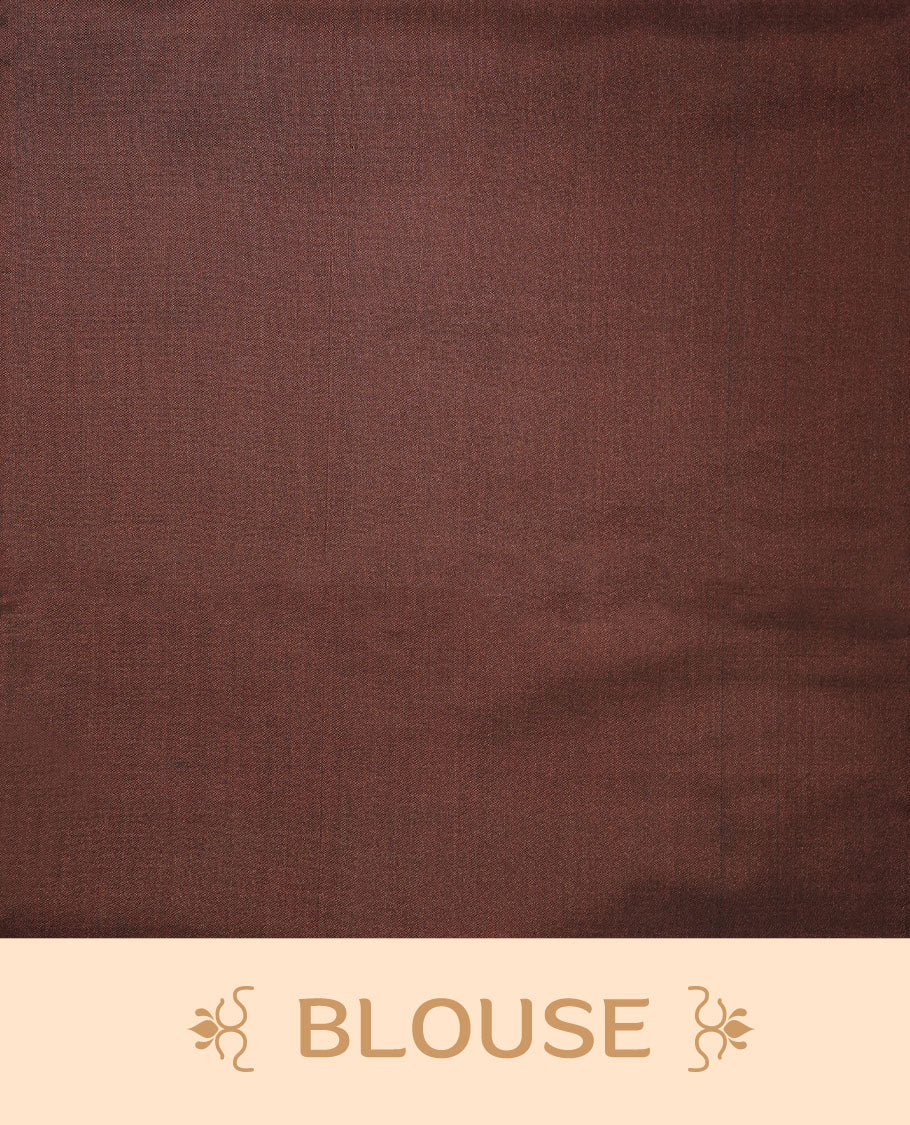 Chocolate soft silk saree features a sleek borderless design with intricate antique zari motifs, flowing into a seamless self colored pallu and a matching blouse piece.