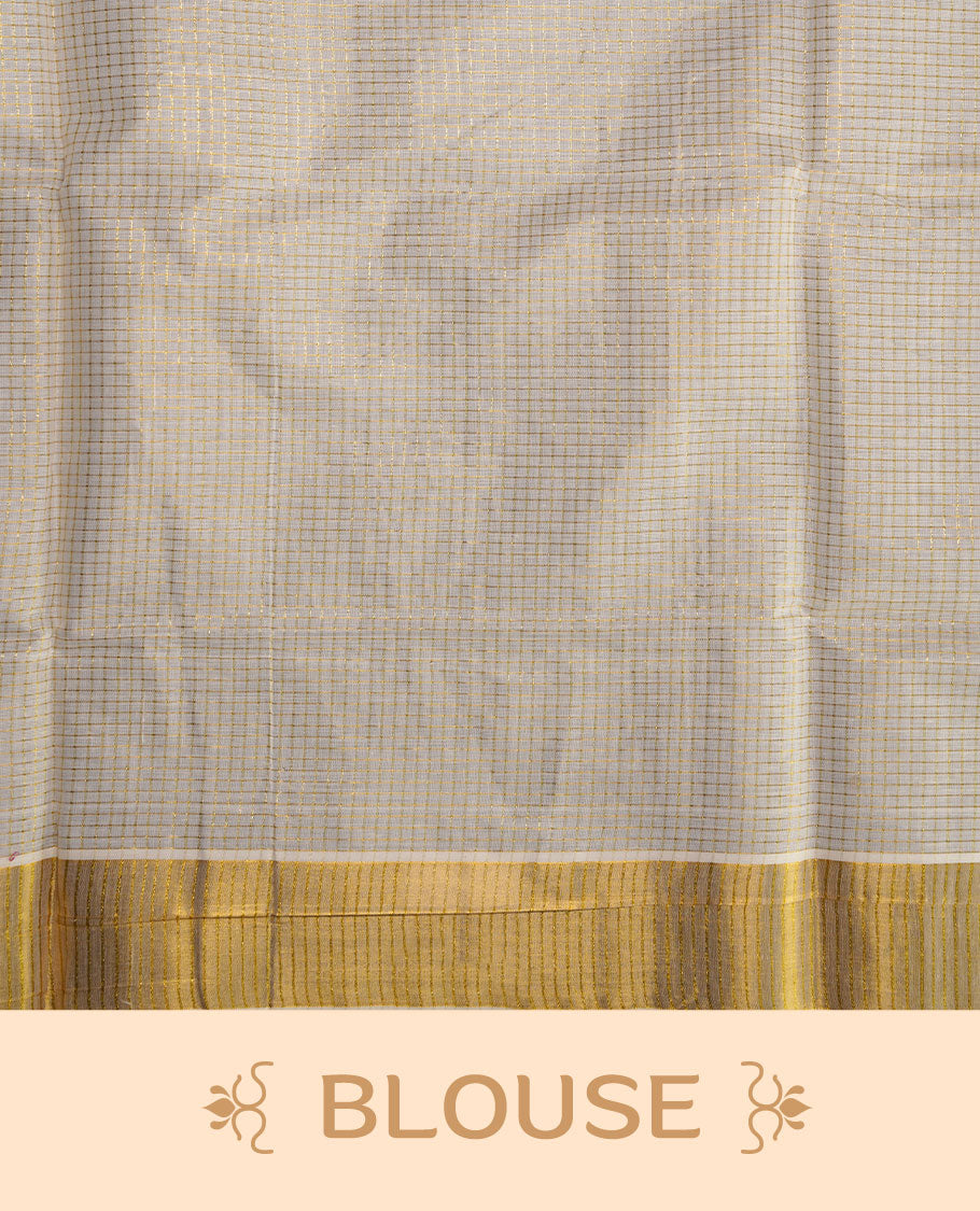 Off white color kerala cotton saree featuring gold zari check on body, complemented by, gold zari with krishna printed border, paired with matching blouse piece.