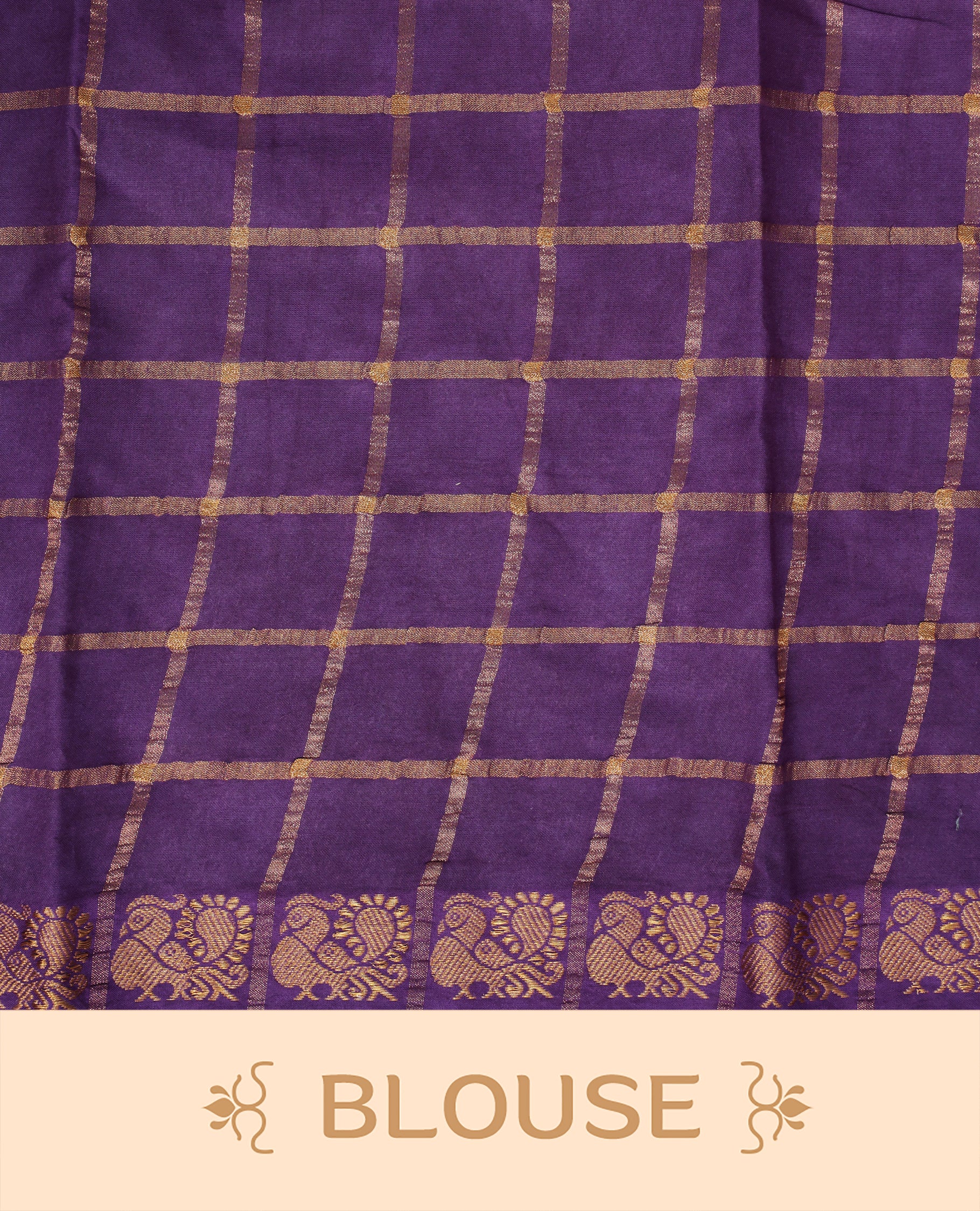 Violet colour Sungudi cotton saree featuring Gold zari Check pattern on body, Gold zari Peacock design on Self colour border, paired with matching blouse piece.