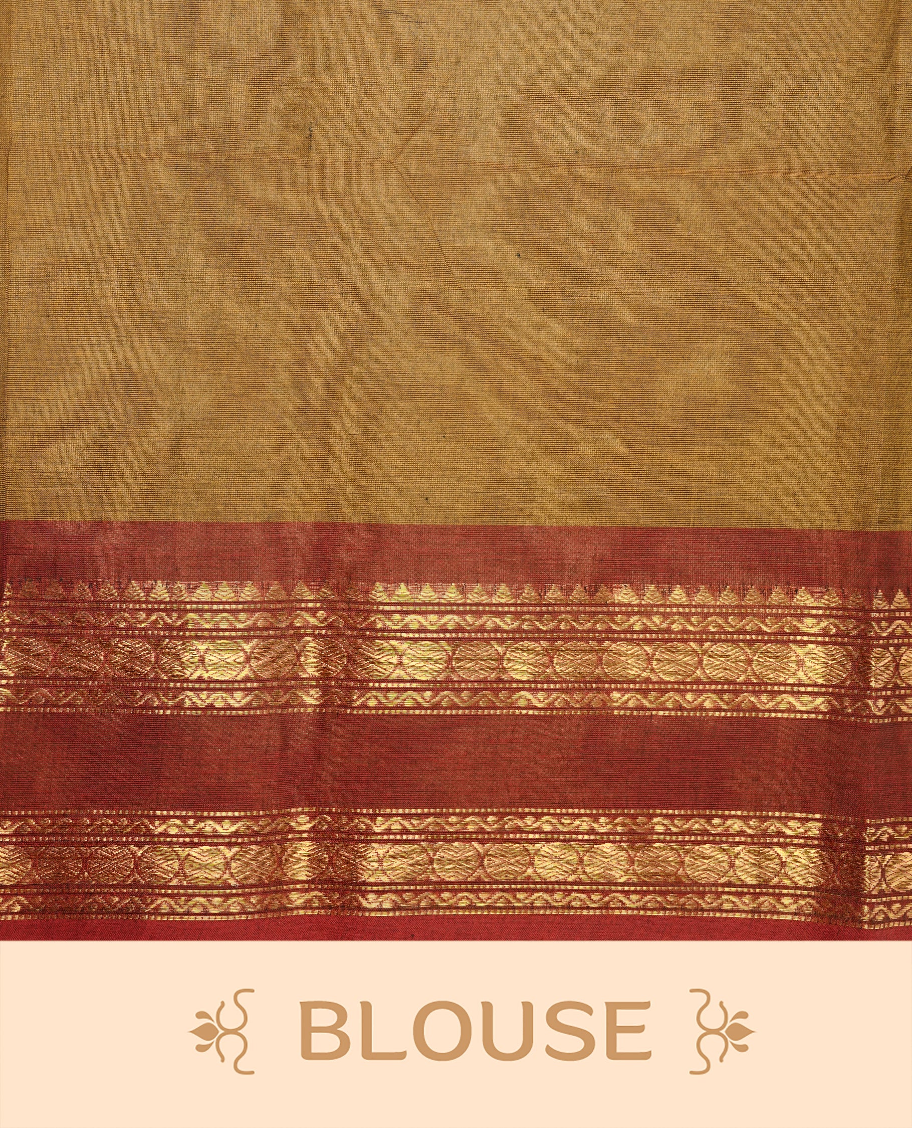 Dark olive colour Chettinad cotton saree featuring Elegant plain body, complemented by contrast Maroon colour with gold zari border, paired with matching blouse piece.