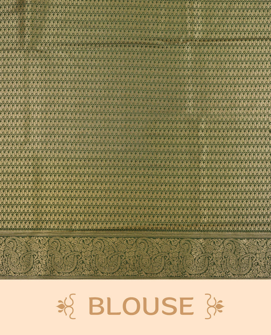 Magenta colour semi silk brocade saree featuring intricate Gold Floral kodi & leaf patterns across the body, complemented by a contrast Green colour woven border and pallu, paired with a matching blouse.