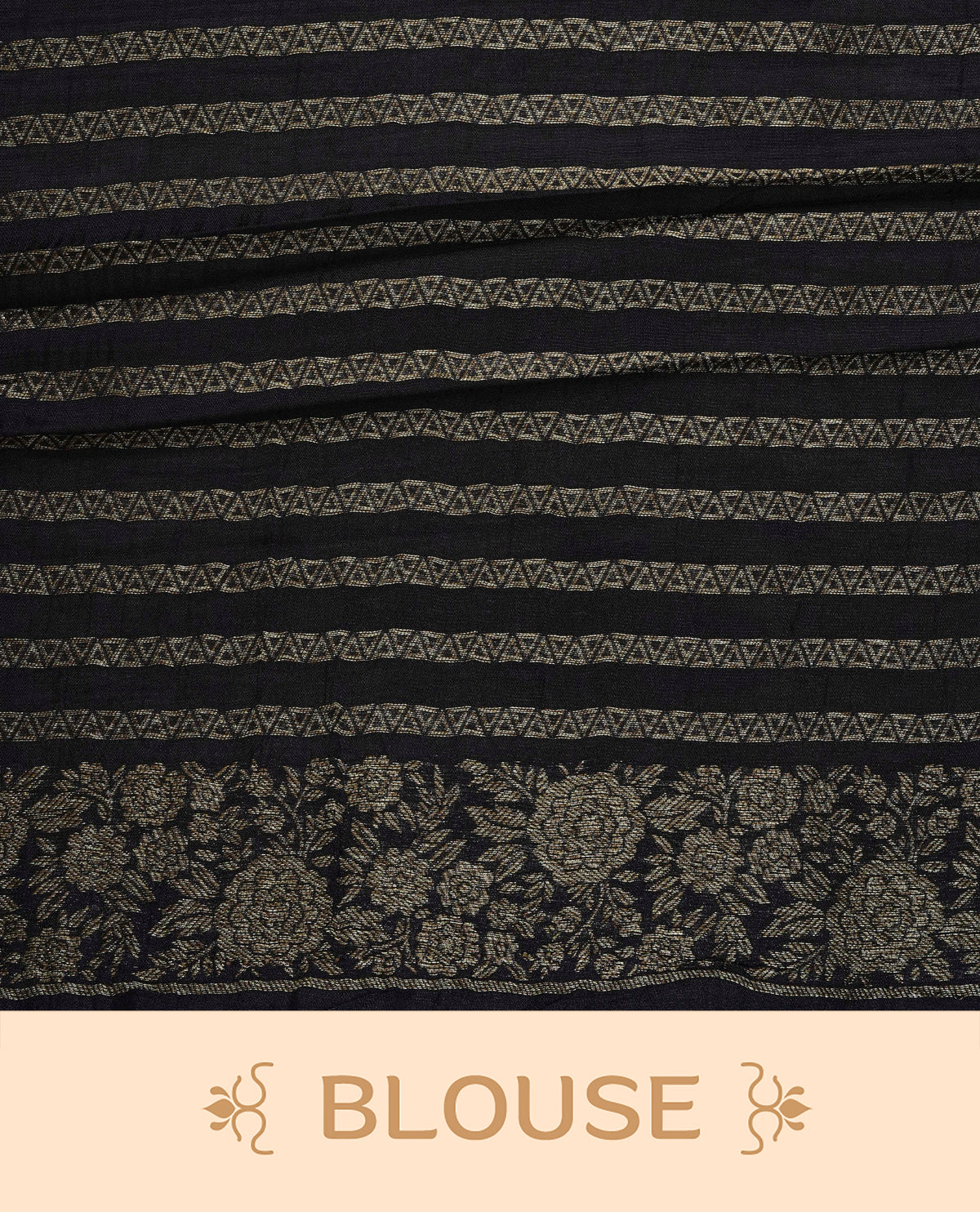 Black colour semi banaras tussar georgette saree featuring gold zari floral pattern on body, finished with gold zari floral motifs on border and paired with matching blouse piece.