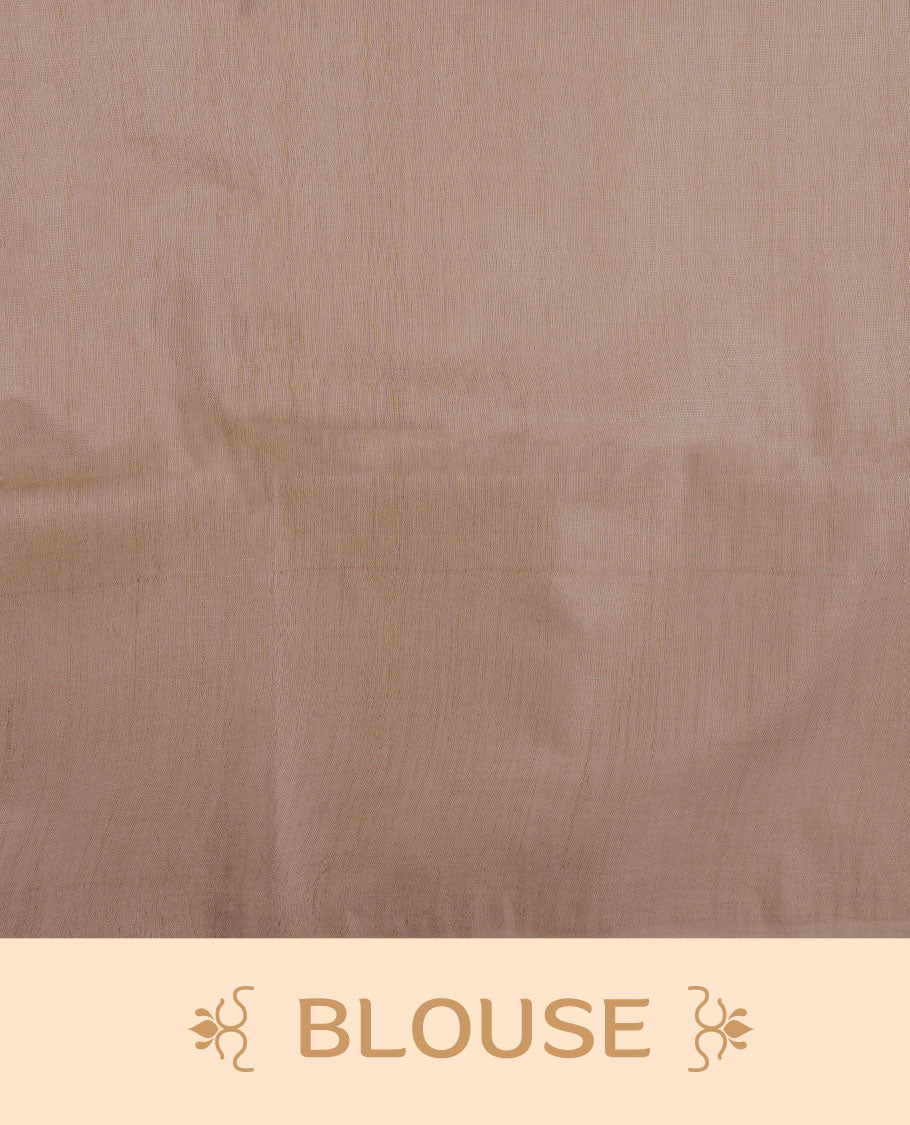 Light lavender colour semi jute saree highlighting gold zari stripped body with white motifs, without border and paired with matching blouse.