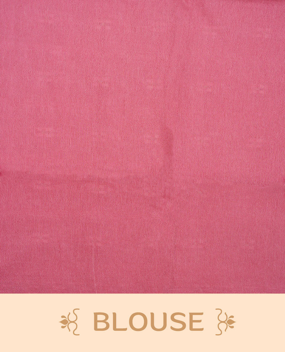 Pink colour semi jute saree highlighting white thread motifs on body, without border and paired with matching blouse.