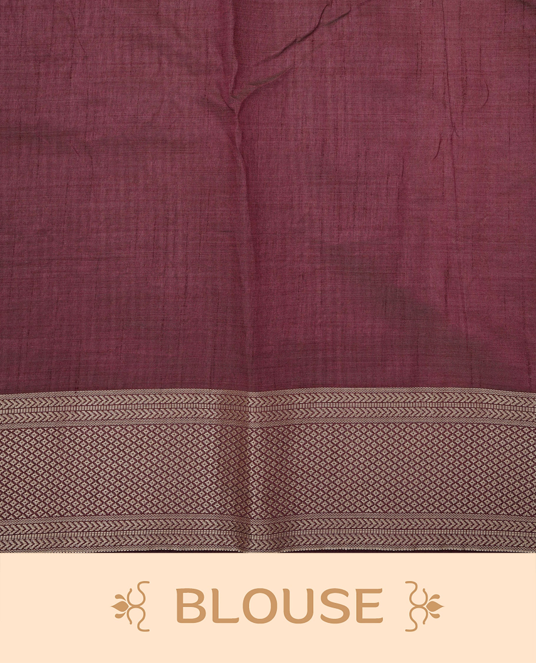 Cream colour Semi Tussar silk saree featuring an elegant plain body, accentuated by a contrast Chocolate border adorned with intricate gold zari work, paired with a matching blouse piece.