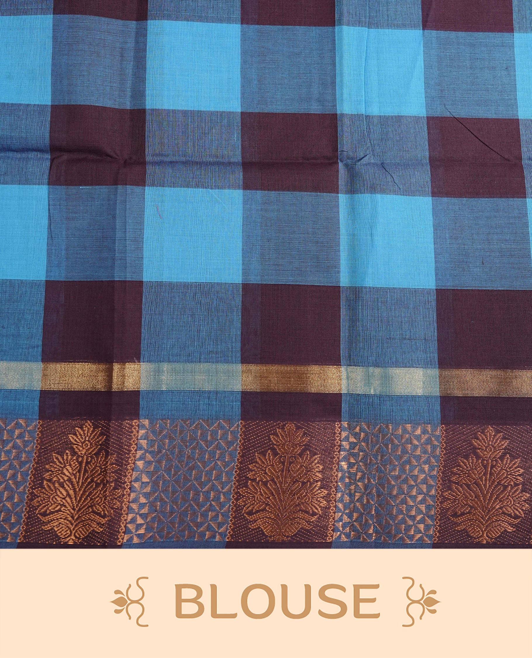 Blue & Purple colour chettinad cotton saree featuring check pattern on body, complemented by Self Colour with gold zari border, comes with matching blouse piece.