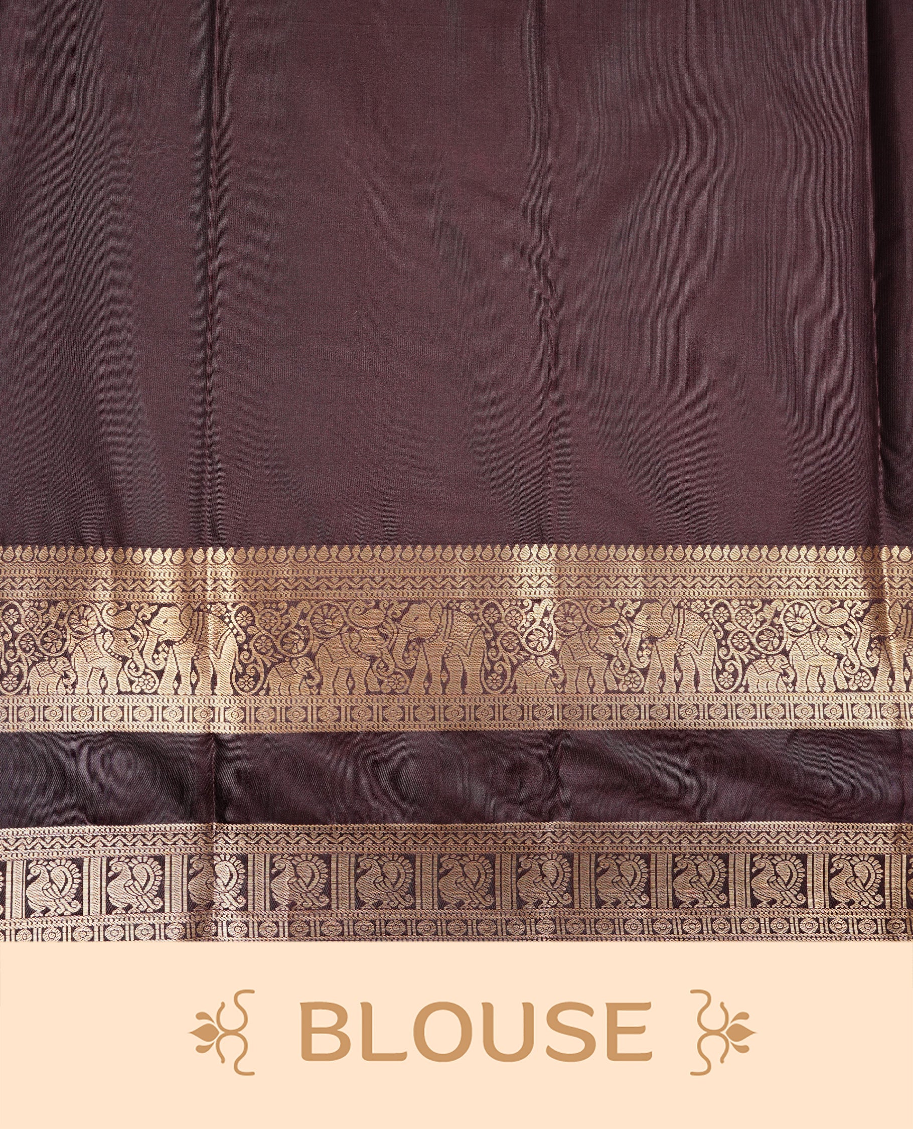 Chocolate Colour Semi Wedding Silk Saree Featuring Gold Zari Checks With Buttas, Showcased with self colour With Traditional Border,  Paired With Matching Blouse Piece.