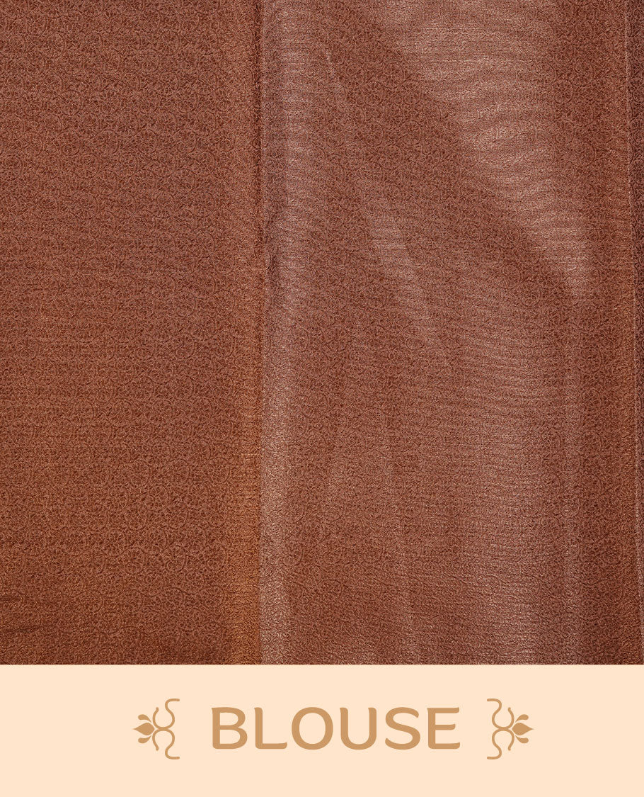 Coffee colour semi banaras tussar silk saree highlighting gold zari bird motifs on body, complemented by self colour with antique zari border, paired with matching blouse piece.