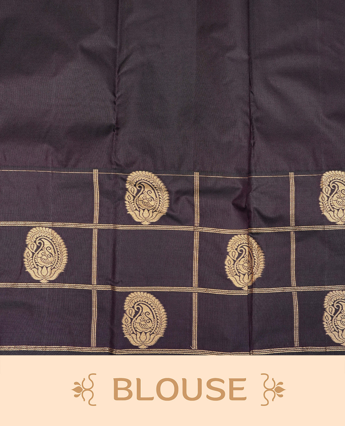 Reddish orange colour semi wedding silk saree featuring gold zari stripes with buttas on body, contrast dark  purple colour with gold zari check & motifs border on body, rich pallu comes with matching blouse piece