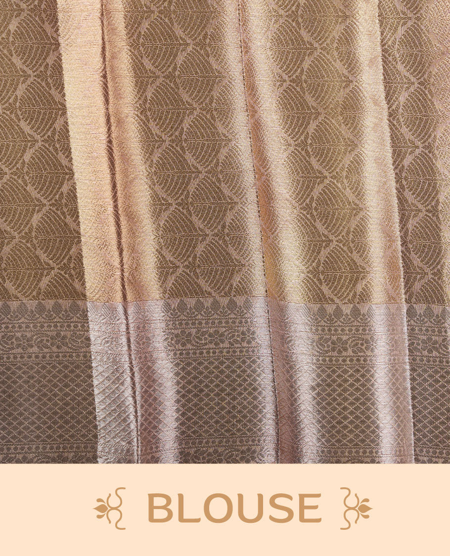 Dark Gold colour Pure banaras tissue silk saree featuring gold zari brocade design across body, with contrast peach colour with silver zari brocade border, finished with a matching blouse.