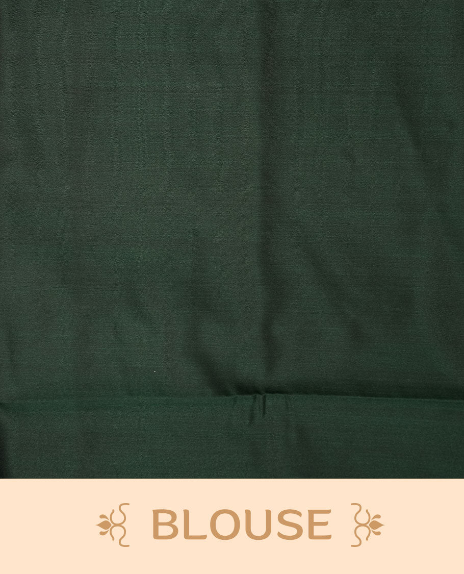 Mustard colour soft silk saree features a sleek borderless design with intricate antique zari motifs, flowing into a striking contrast dark green pallu and a matching blouse piece.