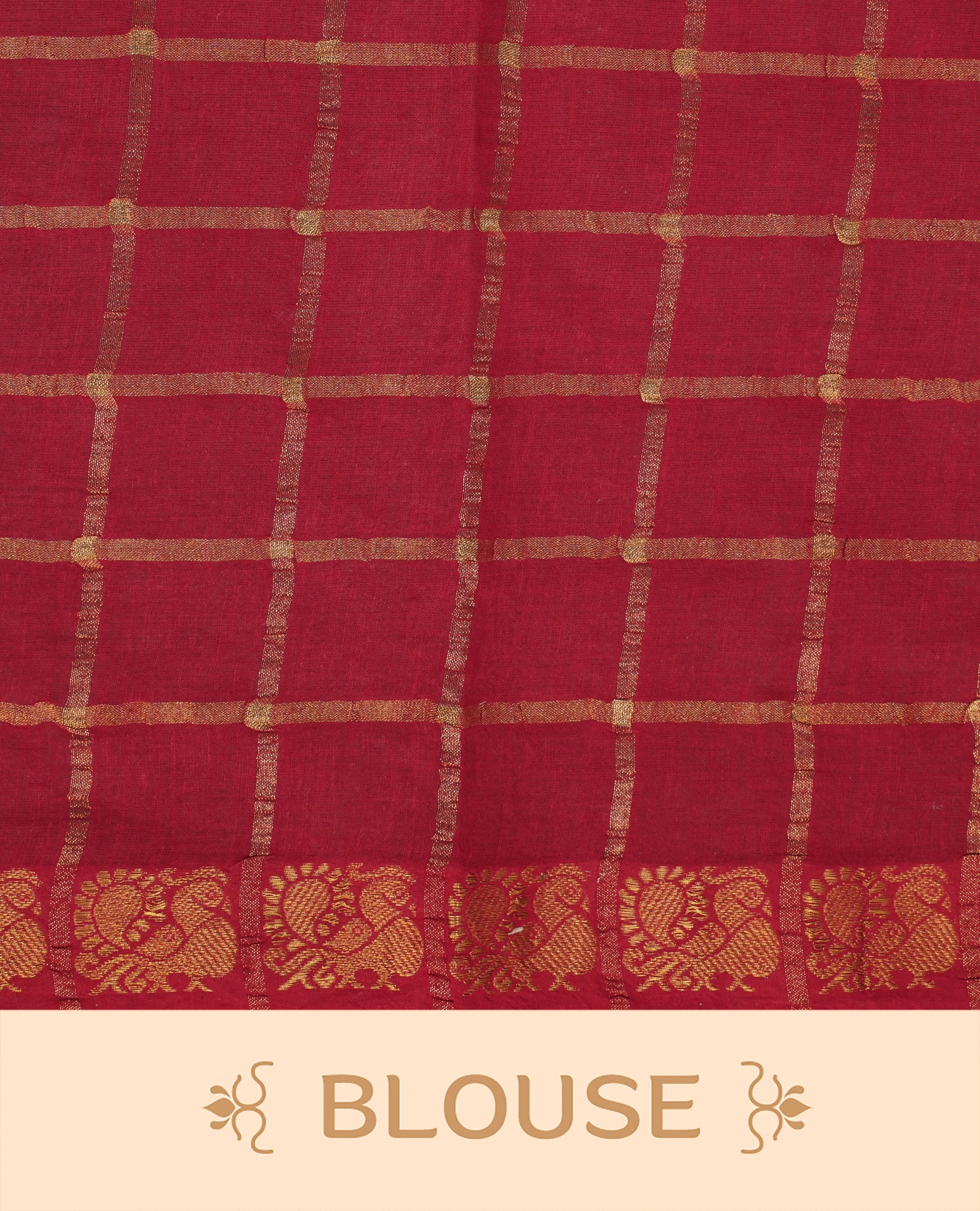 Red colour Sungudi cotton saree featuring Gold zari Check pattern on body, Gold zari Peacock design on Self colour border, paired with matching blouse piece.