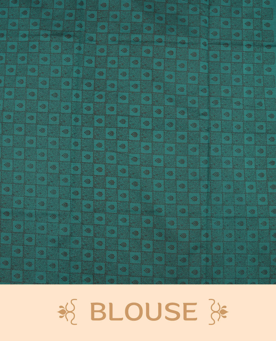 Dark Teal Green colour poly cotton saree with black vertical dotted line pattern on the body, paired with a matching pallu featuring black zigzag geometric border, and a coordinated all‑over black stylised fleur‑de‑lis printed blouse piece.