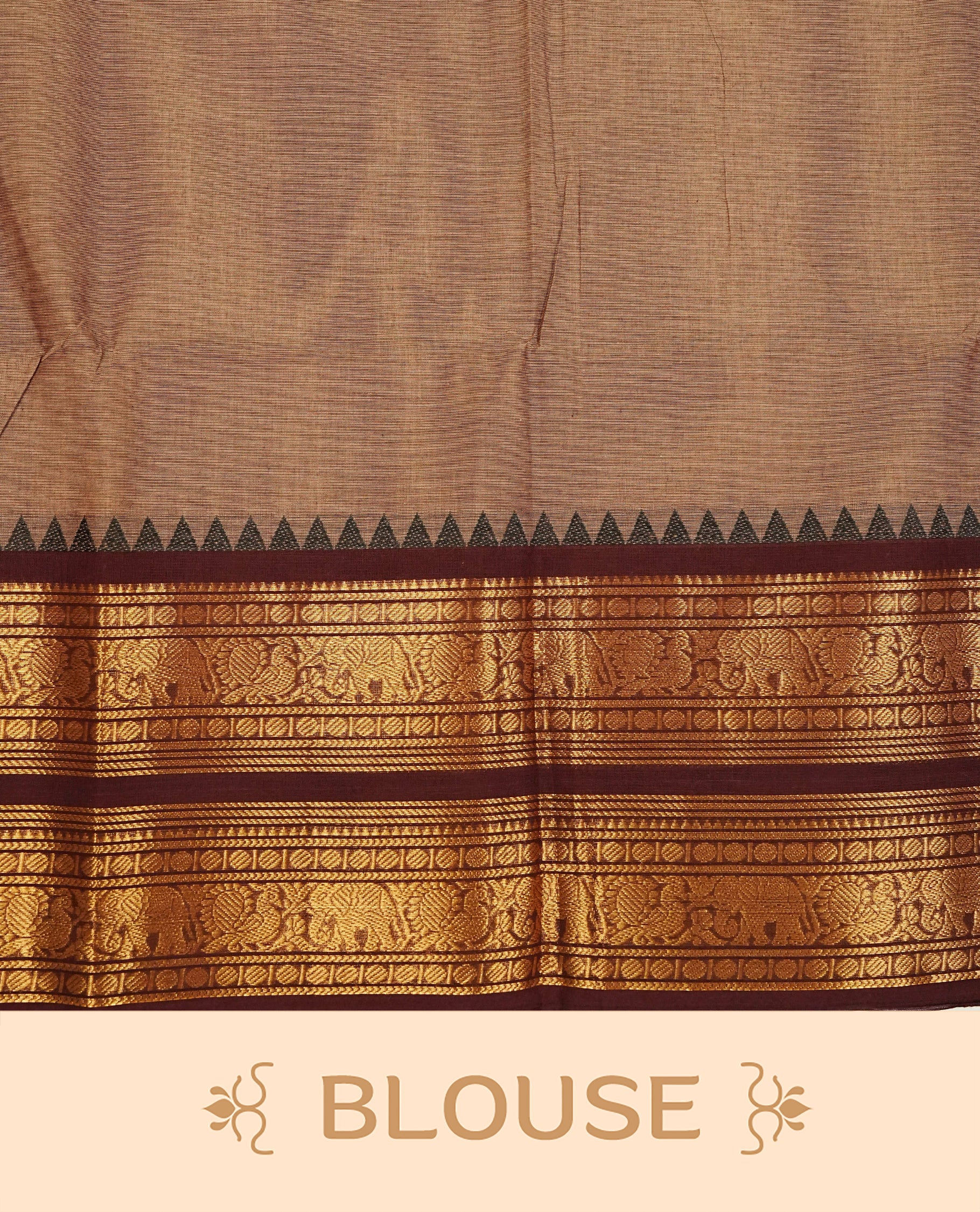 Grey colour chettinad cotton saree featuring Elegant plain body, complemented by contrast maroon colour with gold zari border, comes with matching blouse piece.