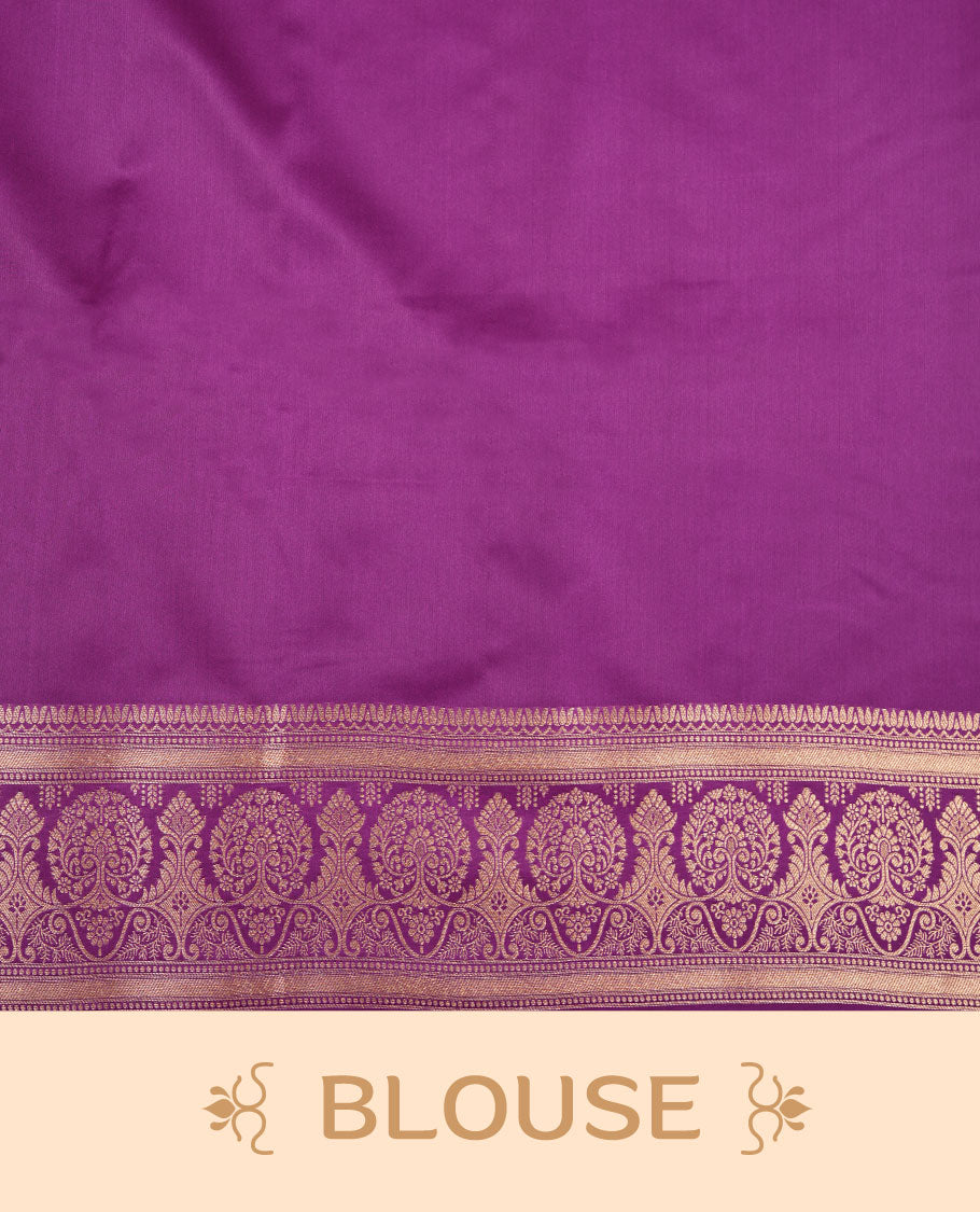 Grape purple  colour Banaras Satin Crepe saree featuring gold zari floral motifs on the body, a richly woven traditional border with intricate gold zari detailing, and paired with a matching blouse. (Copy)